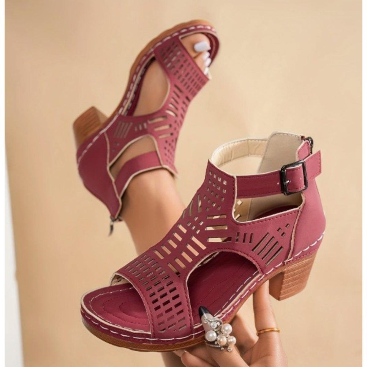Women's Coarse Heel Sandals, High-heeled Hollow Shoes, Breathable and Comfortable Fishmouth Sandals