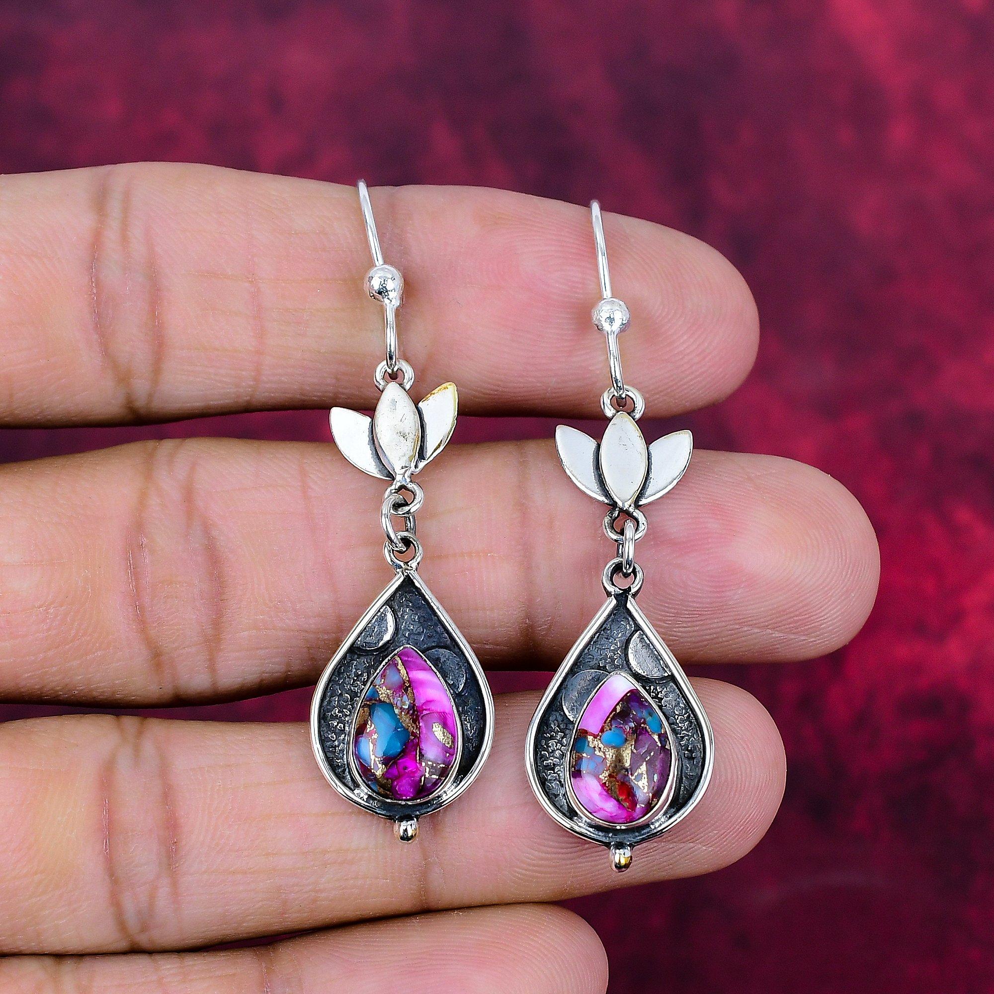 Pink Spiny Oyster Turquoise Earrings Gemstone Jewelry, 925 Solid Sterling Silver Earrings, Handmade Jewelry Birthstone Earrings, Gift For Him