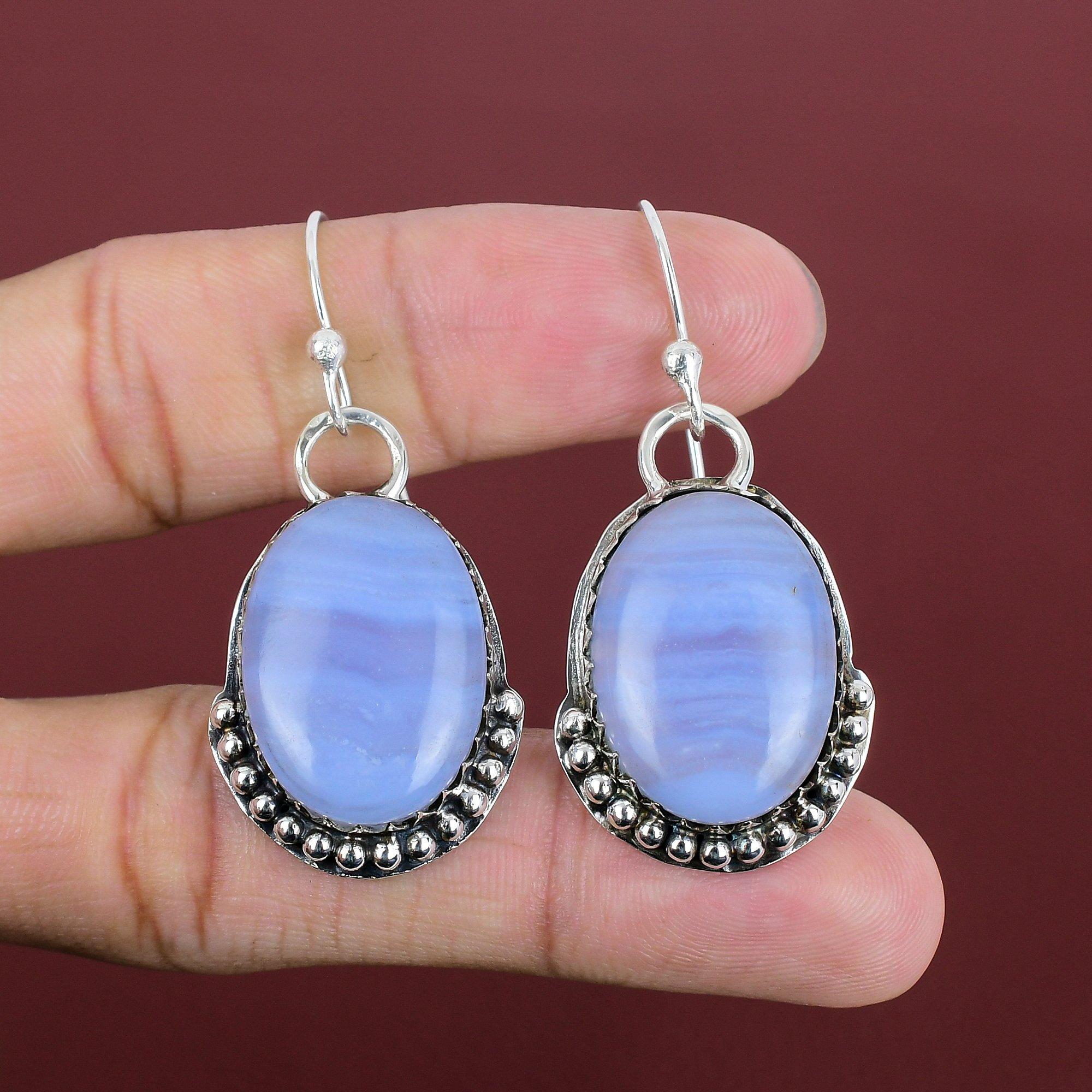 Blue Lace Agate Earrings Gemstone Earring Decent Jewelry 925 Sterling Silver Earrings Handmade Earring Antique Drop Earring Engagement Gifts