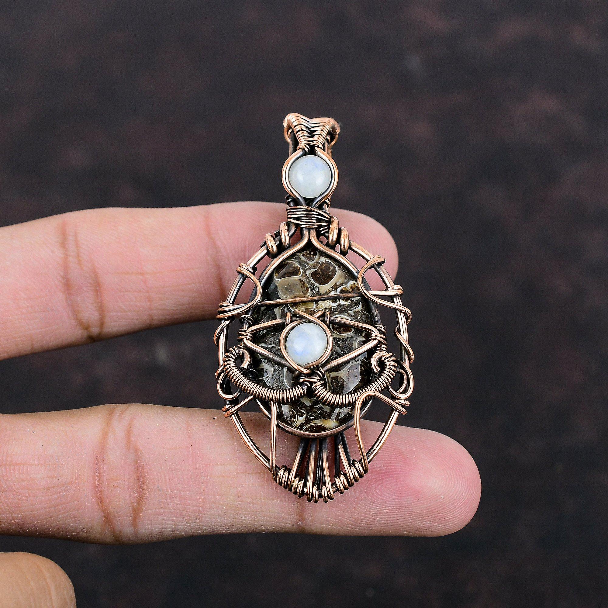 Evil Eye Turritella Agate Gemstone Pendant Copper Wire Wrapped Pendant Rainbow Moonstone Pendant Handmade Copper Jewelry Gift For Engagement