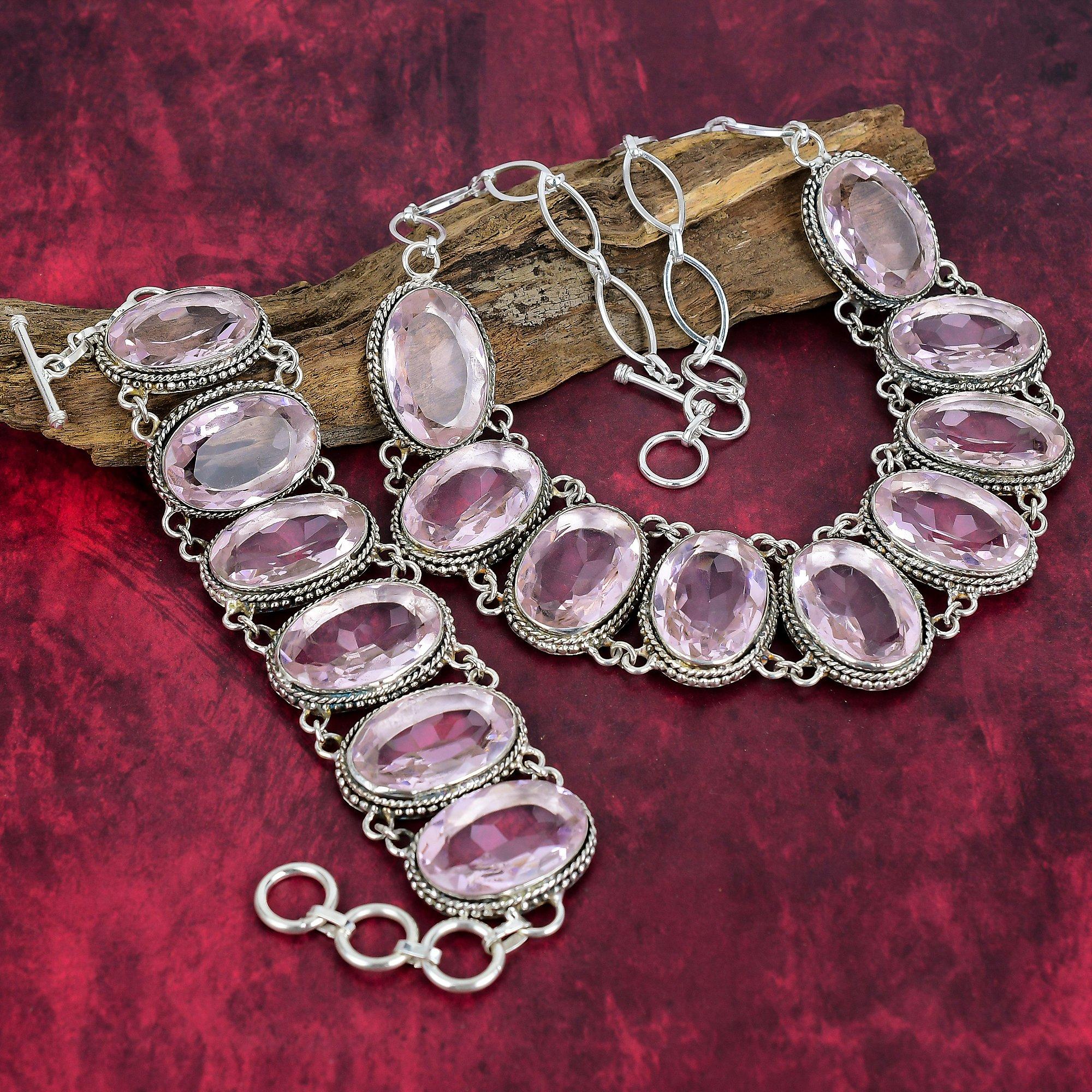 Faceted Pink Kunzite Bracelet, 925 Solid Sterling Silver Jewelry Set, Handmade Bracelet & Necklace, Gemstone Adjustable Chain Jewelry For Her