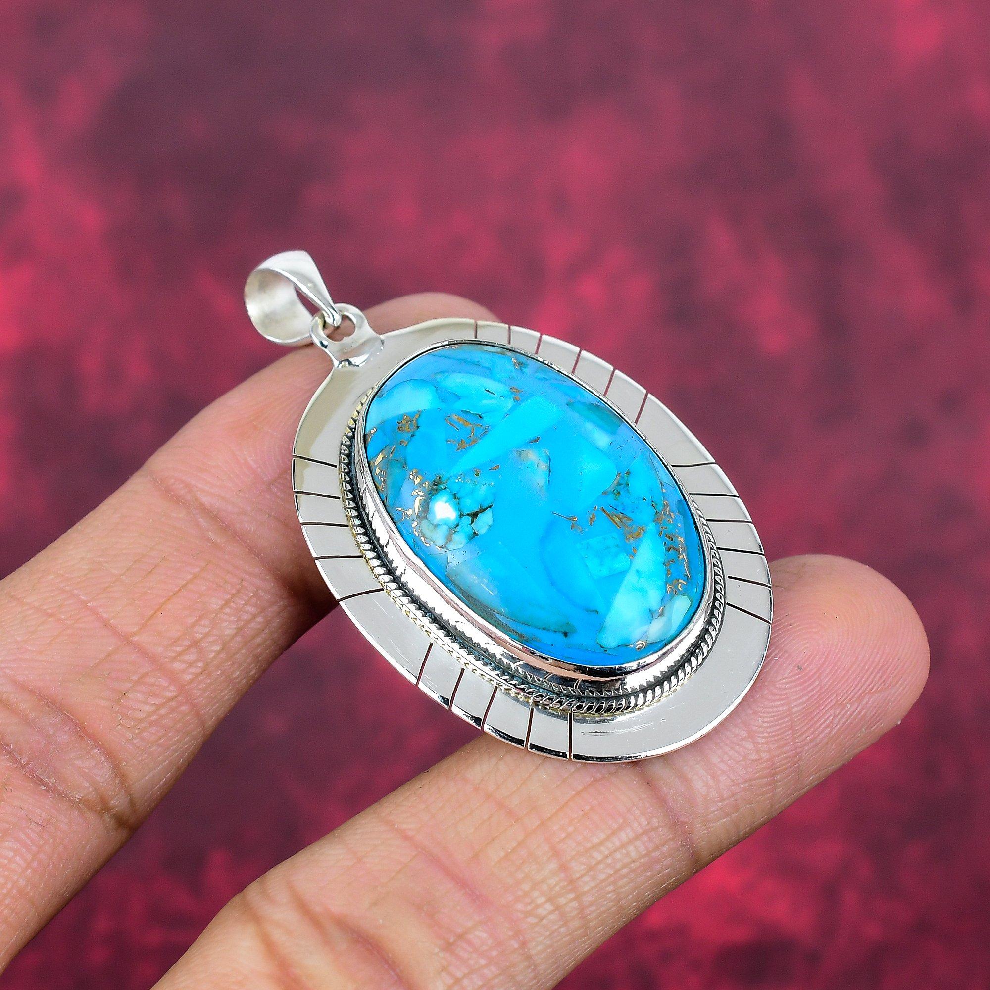 Blue Copper Turquoise Gemstone Pendant Handmade Jewelry, Brand New 925 Sterling Silver Jewelry Gift For Wife