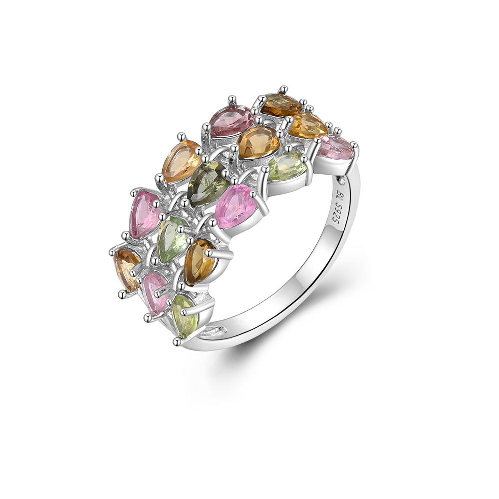 Anillo de turmalina multicolor natural de lujo S925 plata ligera tendencia de lujo mujeres compromiso, banquete y aniversario regalo