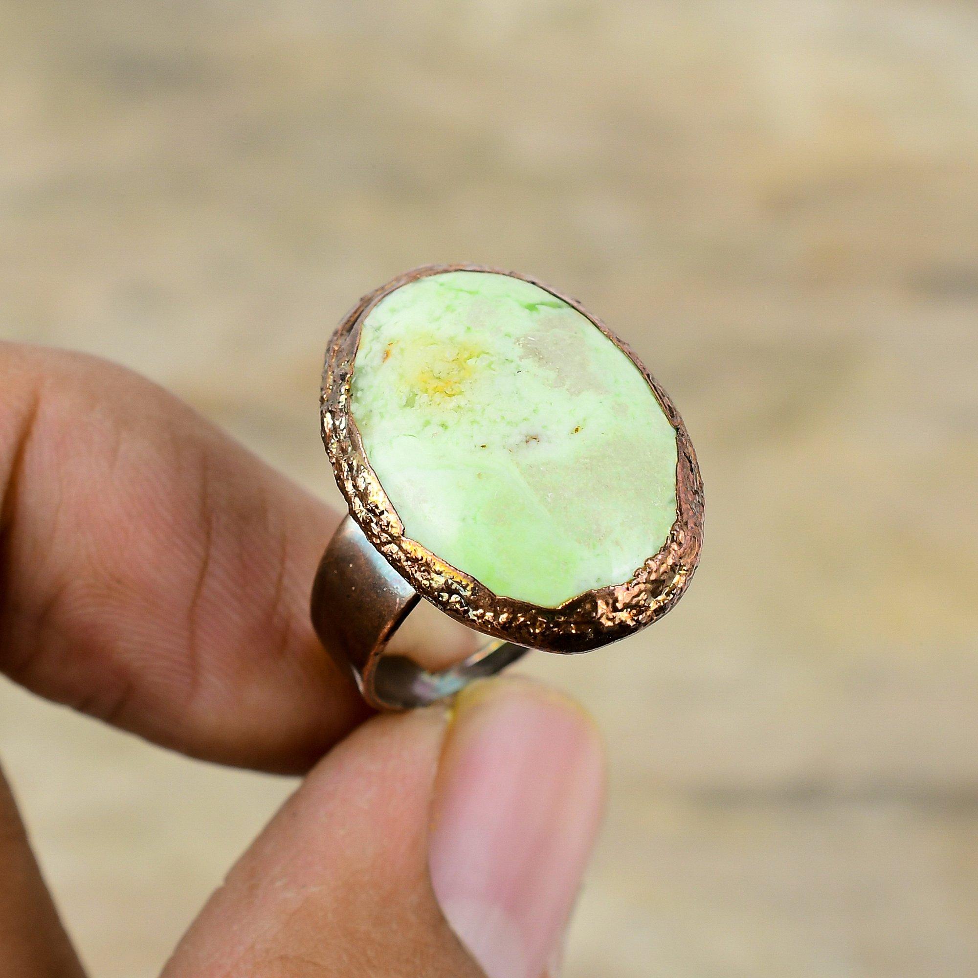 Lemon Chrysoprase Ring Electroformed Copper Ring Adjustable Rings Electroformed Jewelry Handmade Gemstone Ring Copper Jewelry Gift For Women