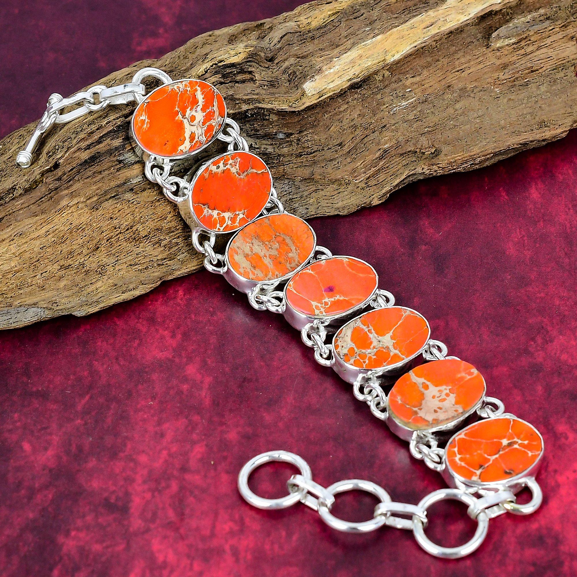 Orange Sea Sediment 925 Solid Sterling Silver Bracelet with Adjustable Chain, Handmade Gemstone Jewelry Bracelet For Memorial Day