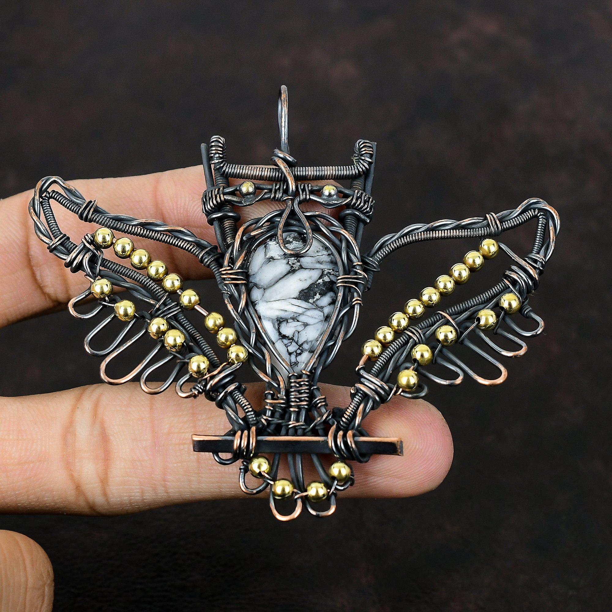 Pandantiv Jasper Pinolit Înfășurat în Sârmă de Cupru Pandantiv Lucrat Manual Bijuterii din Cupru Pandantiv Minunat cu Piatră Prețioasă Cadou Pentru Femei Bijuterii Bufniță Înfășurate în Sârmă