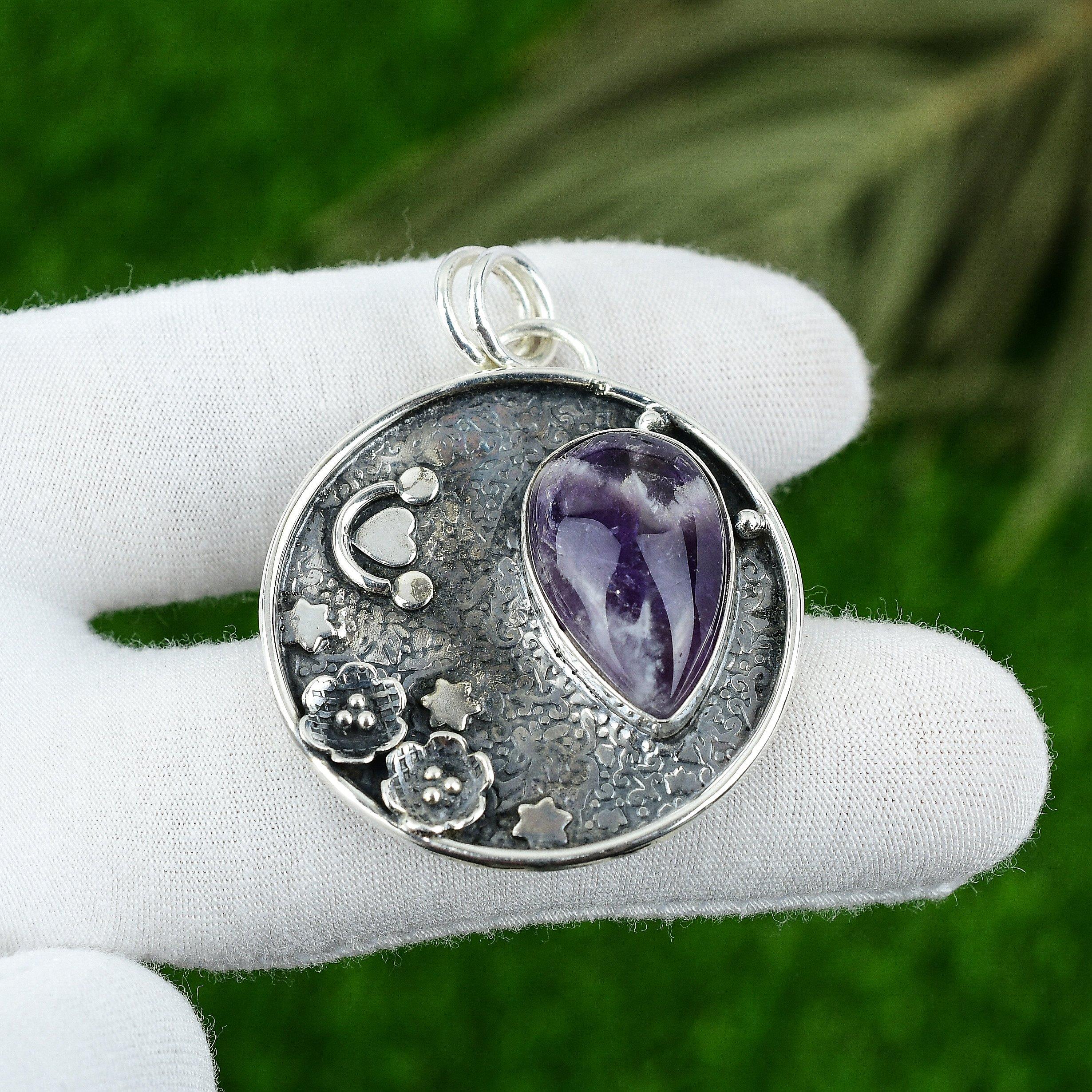 Birthday Gift For Her Natural Chevron Amethyst Gemstone Pendant 925 Silver
