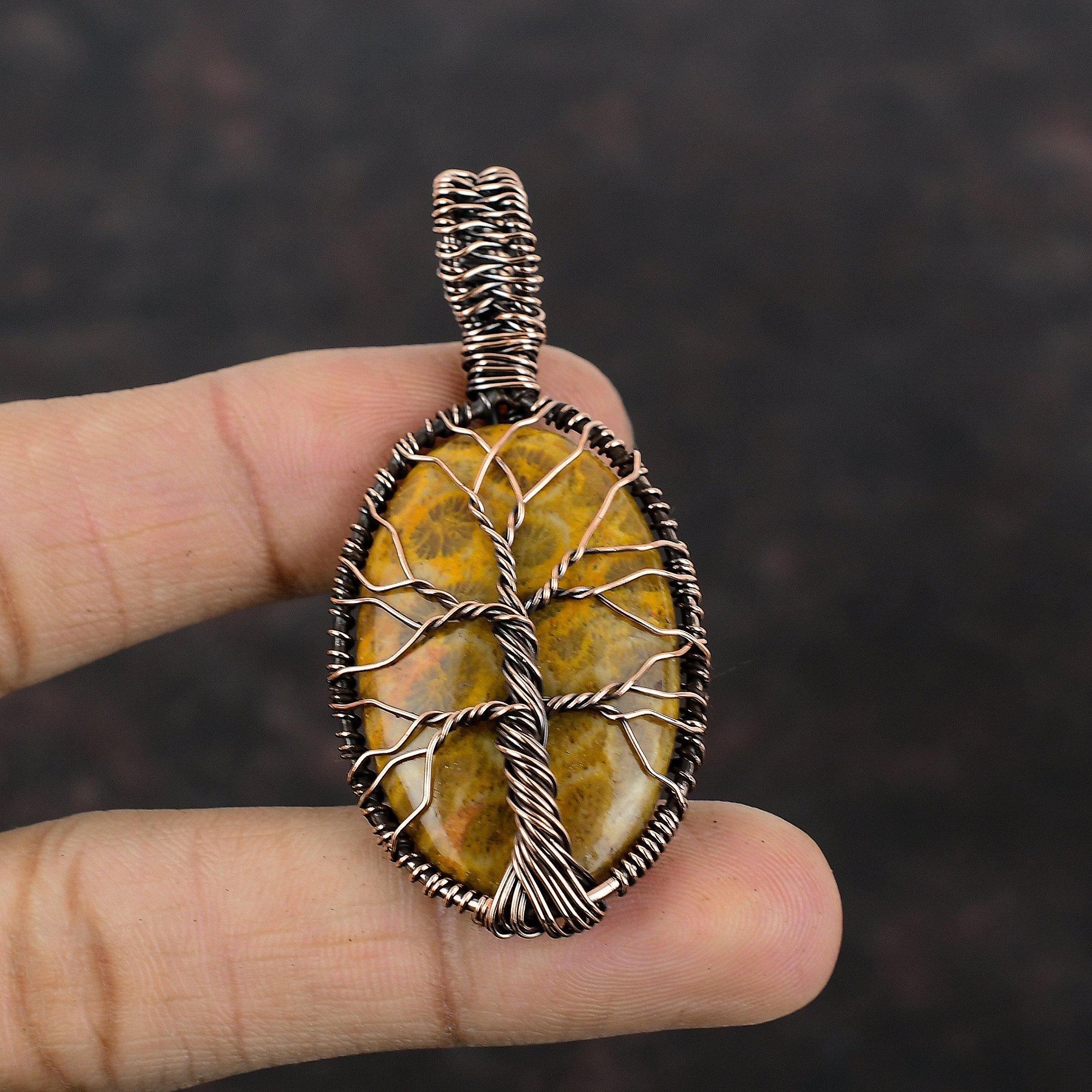 Tree Of Life Fossil Coral Pendant Copper Wire Wrapped Pendant Gemstone Handmade Pendant Copper Jewelry Gift For Women Unique Design Jewelry
