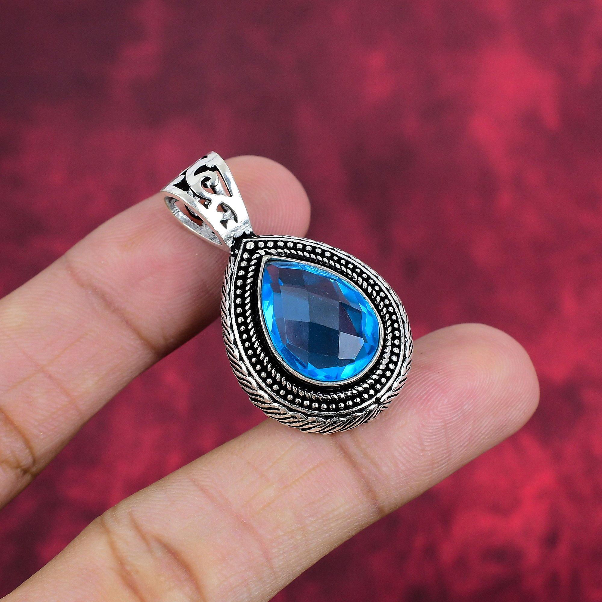 Blue Topaz Pendant, 925 Solid Sterling Silver Pendant Handmade Gemstone Jewelry, Gifts For Wife Brand New Pendant