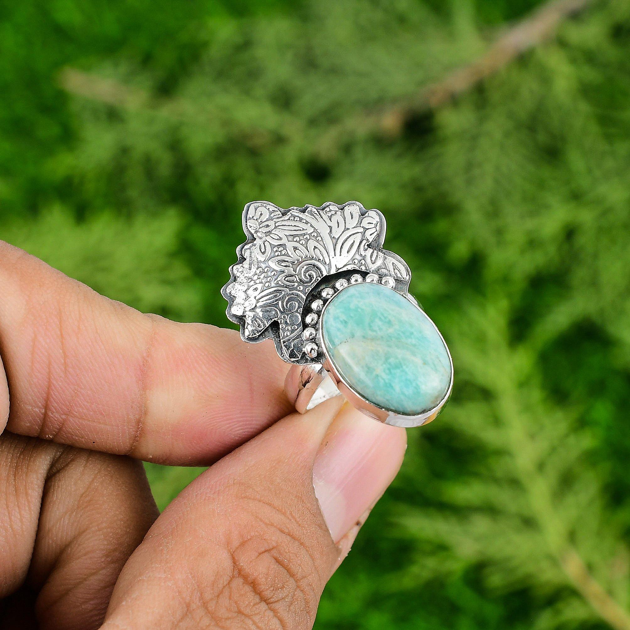 925 Sterling Silver Amazonite Stone Wedding Stackable Promise Heart Chakra Ring