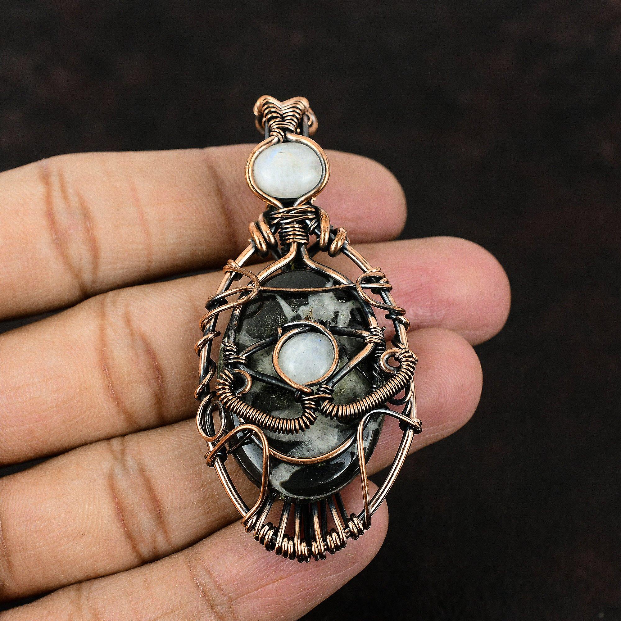 Evil Eye Moroccan Mud Crack Fossil Copper Wire Wrapped Pendant Gemstone Jewelry Handmade Pendant Rainbow Moonstone Pendant Evil Eye Jewelry