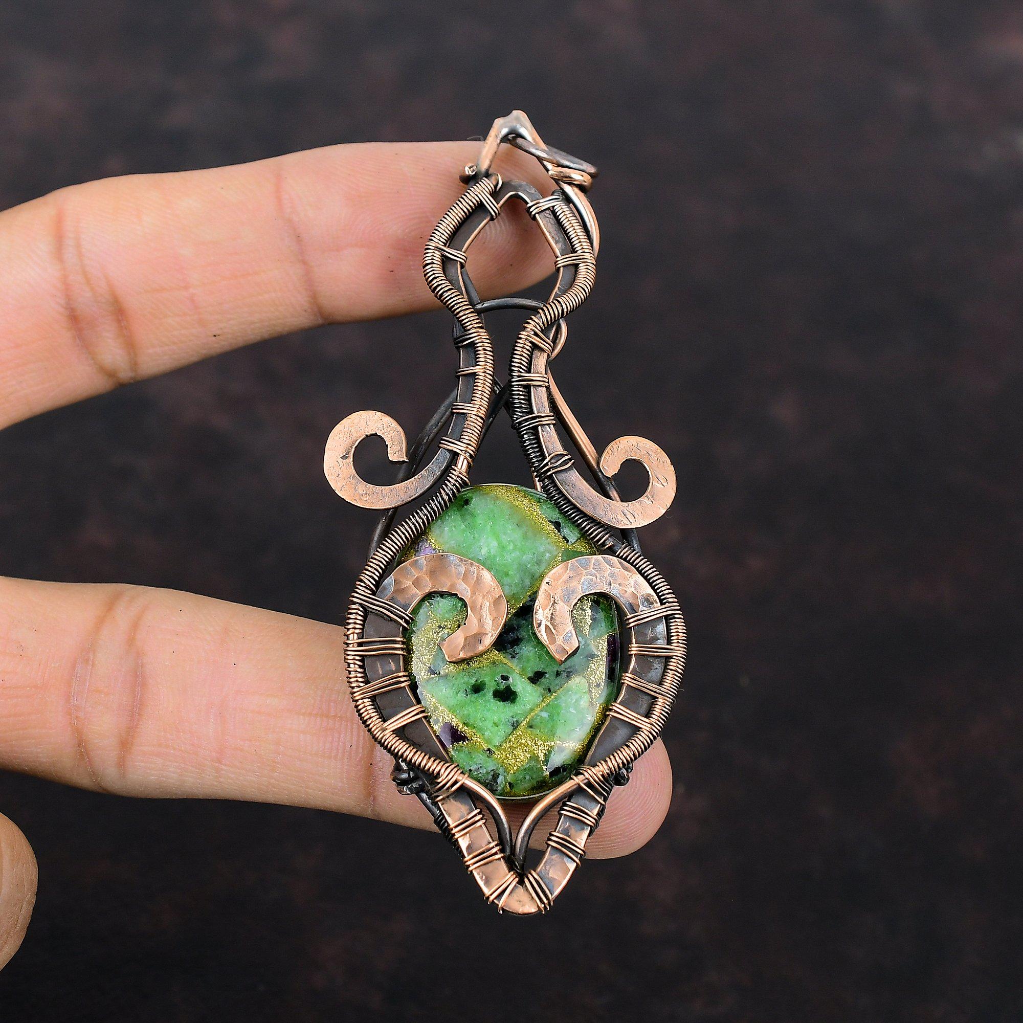 Copper Ruby Zoisite Pendant Copper Wire Wrapped Jewelry Real Gemstone Pendant Handmade Jewelry Copper Pendant Wire Wrapped Pendant For Gift