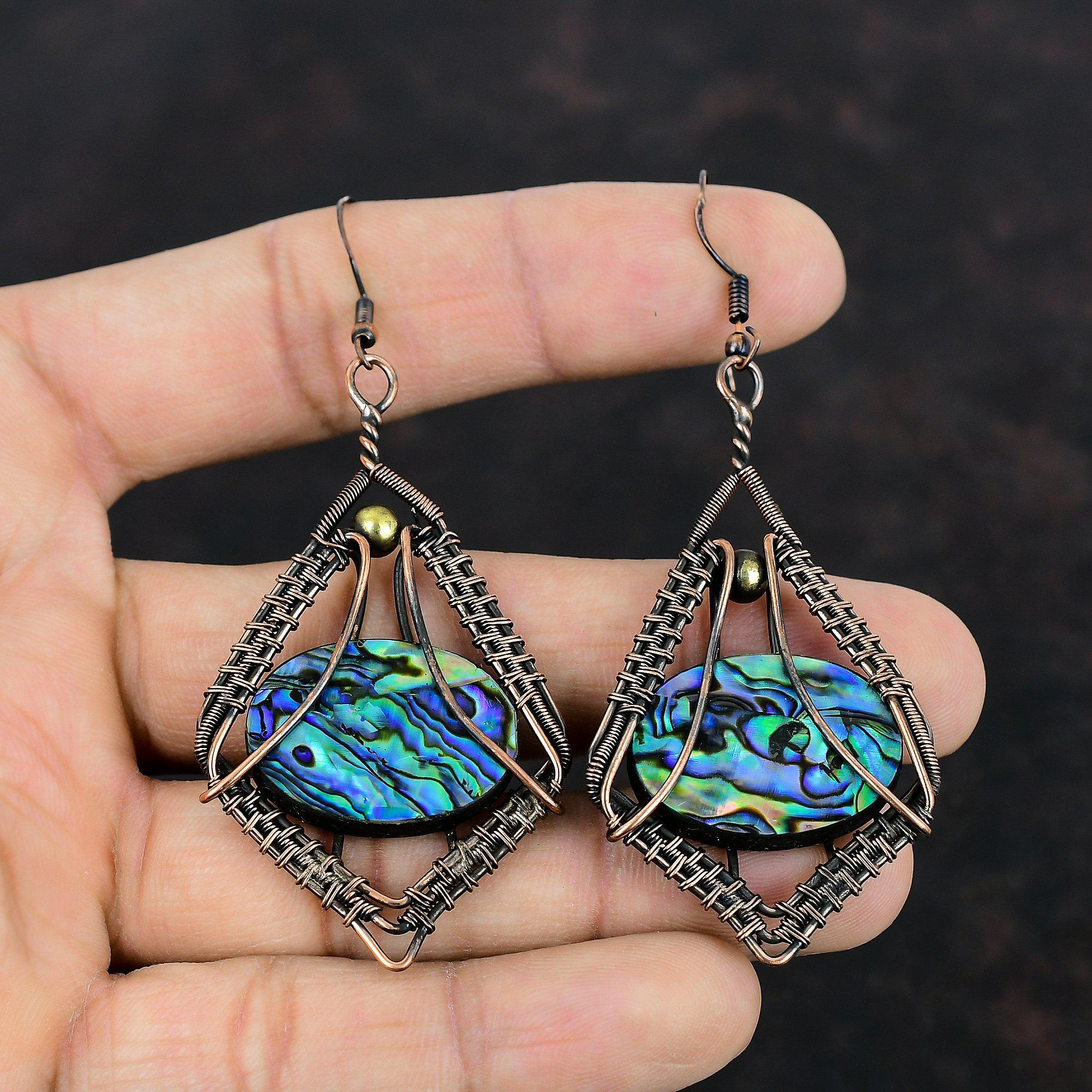Abalone Shell Earring Copper Wire Wrapped Earrings Handmade Gemstone Earring Abalone Shell Jewelry Amazing Earrings Copper Wire Wrap Jewelry