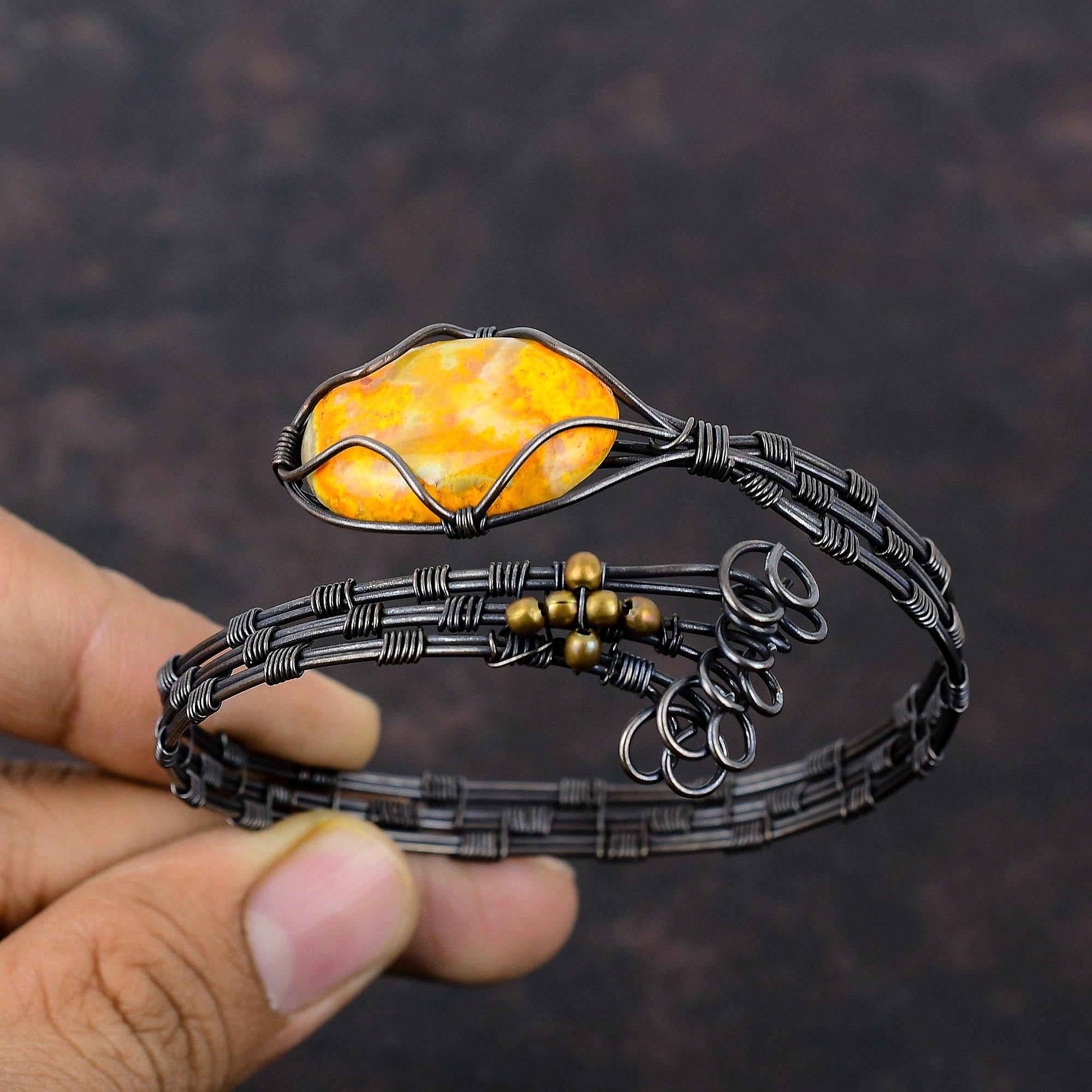 Brățară Bangles din Piatră Prețioasă Jasp Bumble Bee, Brățară Manșetă Înfășurată cu Sârmă de Cupru, Bijuterii Handmade, Brățară Ajustabilă, Bijuterii Înfășurate cu Sârmă de Cupru, Cadou Pentru Ea