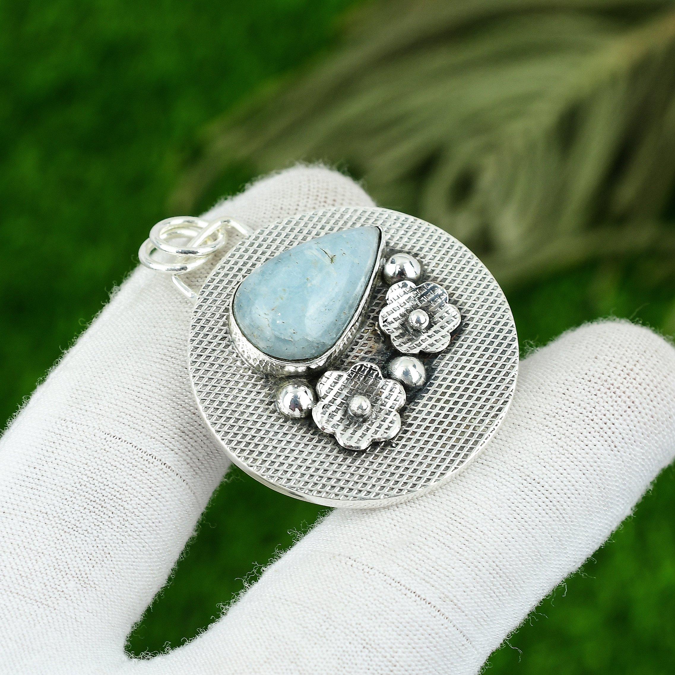 Natural Aquamarine Gemstone Pendant Handmade 925 Sterling Silver Indian Jewelry
