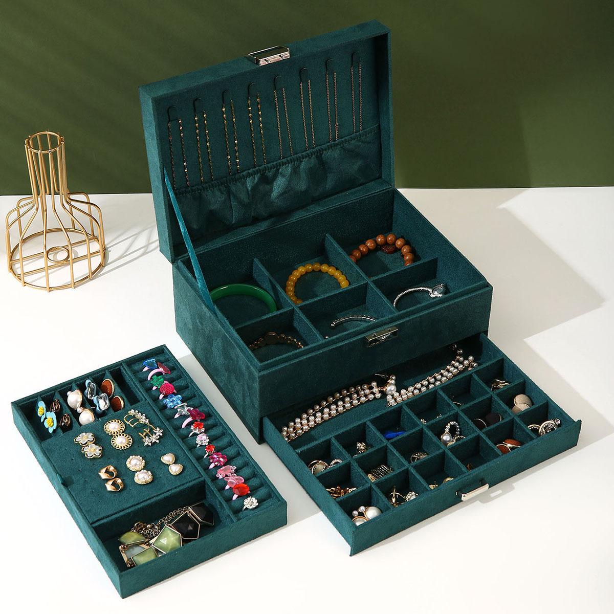 Große 3-lagige Schmuckschatulle mit Lederoberfläche, Schubladenschrank, Halsketten-Organizer