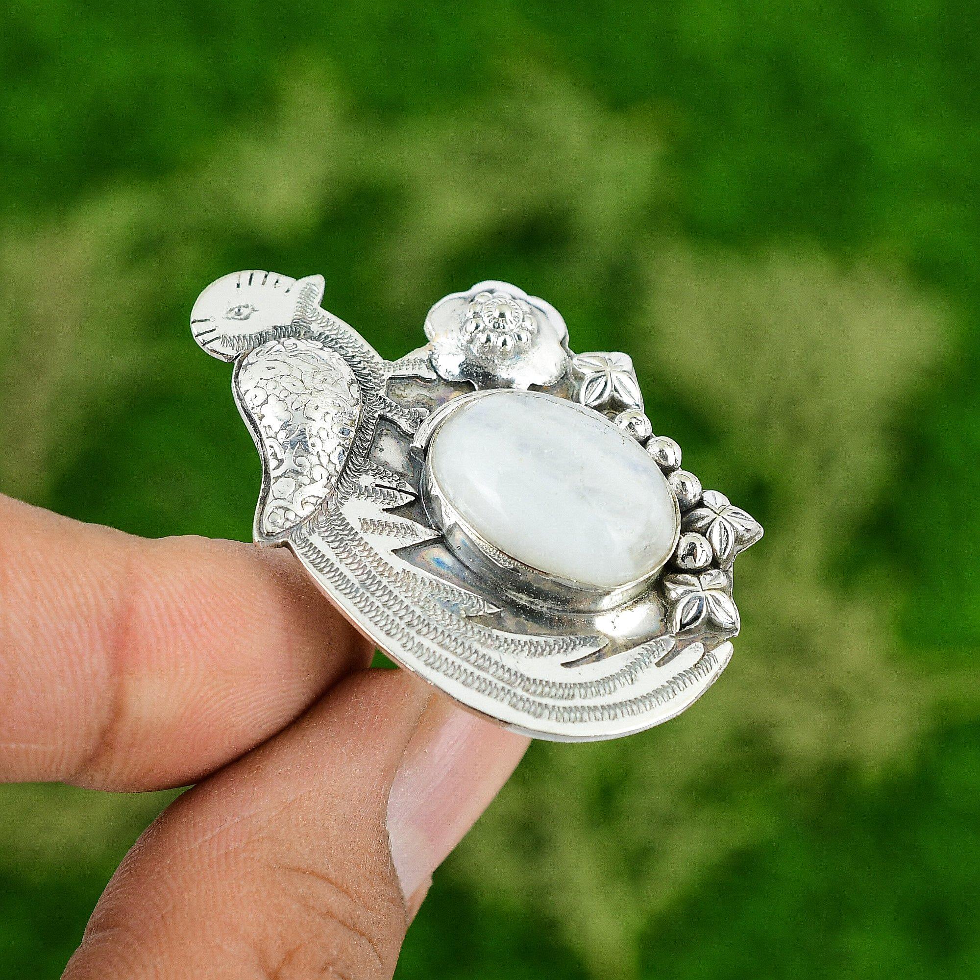 Natural Rainbow Moonstone Multi Stone Bird Adjustable Ring 925 Silver