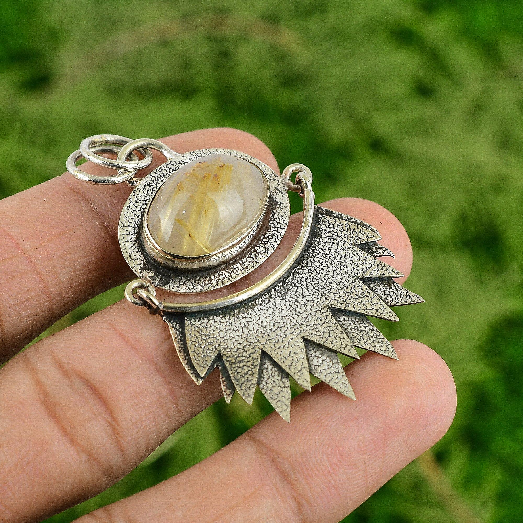 Daughters Day Sale Golden Rutile Gemstone Boho Pendant Jewelry Sterling Silver