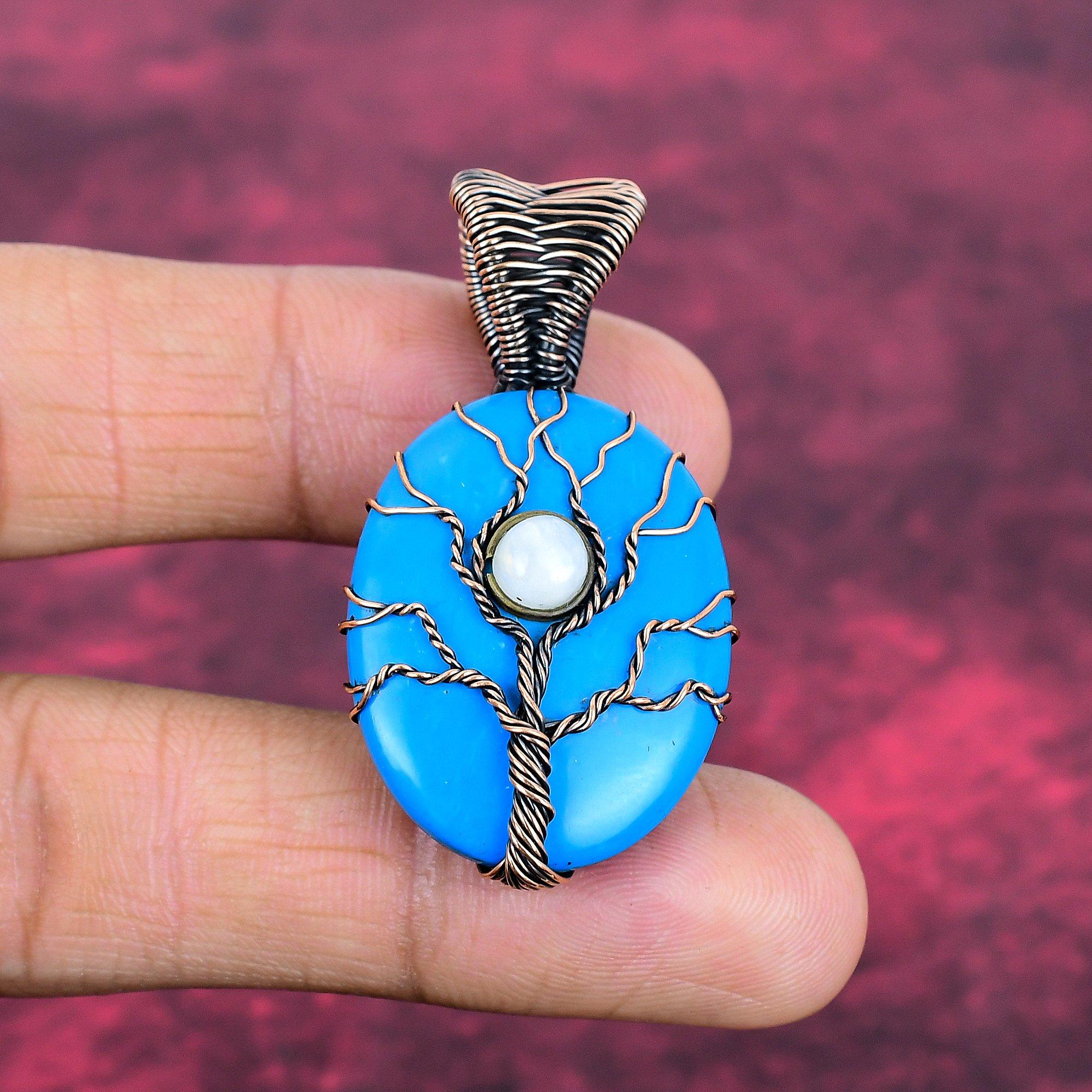 Tree Of Life Sleeping Beauty Turquoise Pendant Copper Wire Wrapped Unique Jewelry