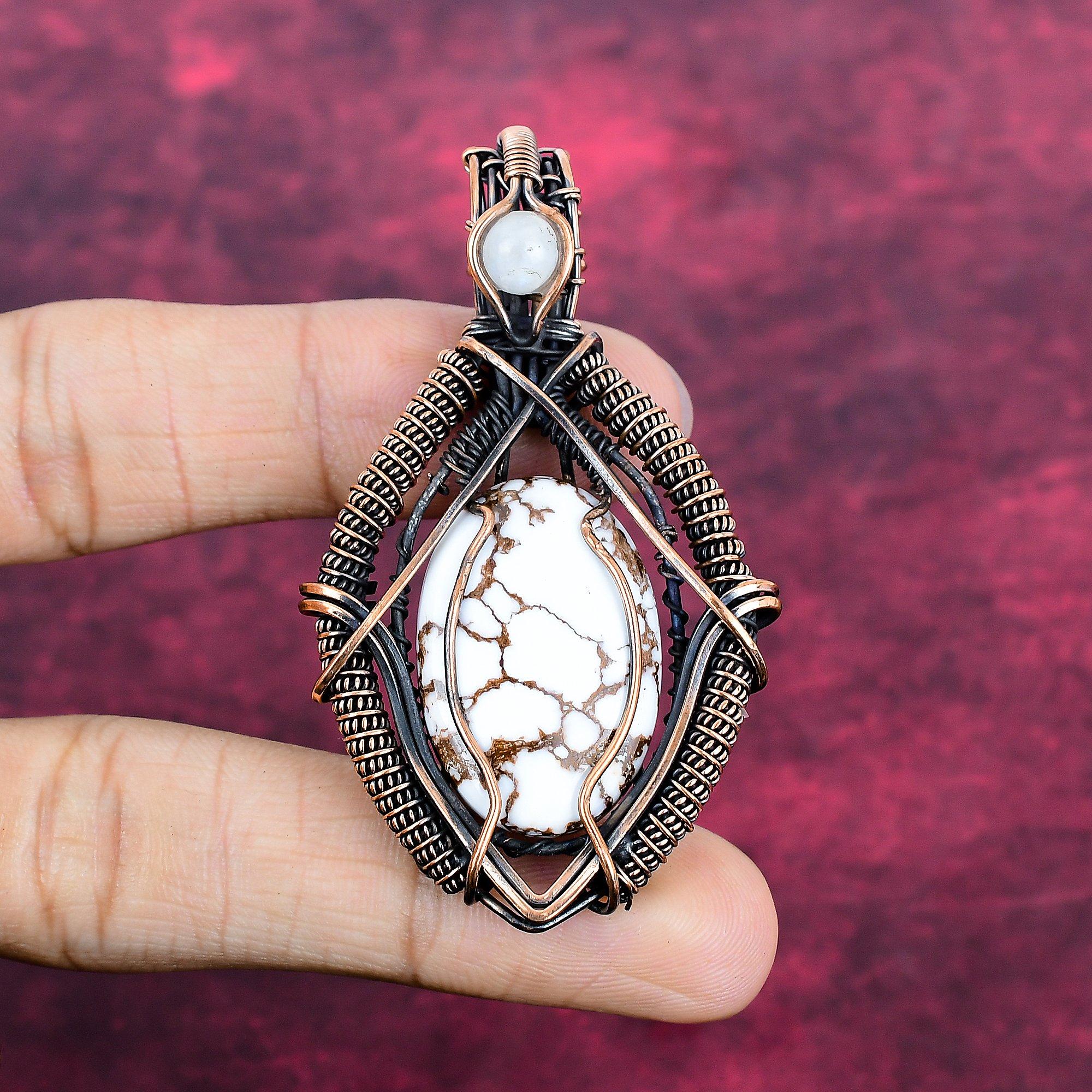 Wild Horse Magnesite Pendant Copper Wire Wrapped Rainbow Moonstone Jewelry Handmade Gemstone Pendant