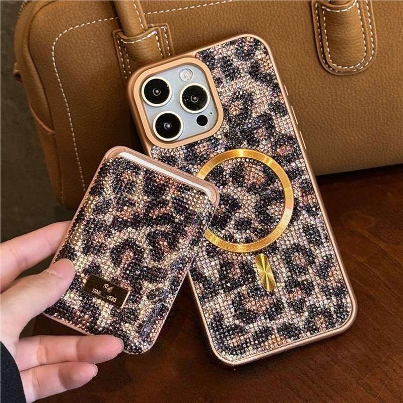 Luxury Rhinestone Phone Case For iPhone17Air 13 14 15 16 Pro Max Glitter Crystalline For Magsafe Card Holder Shockproof Protect Leopard Cover