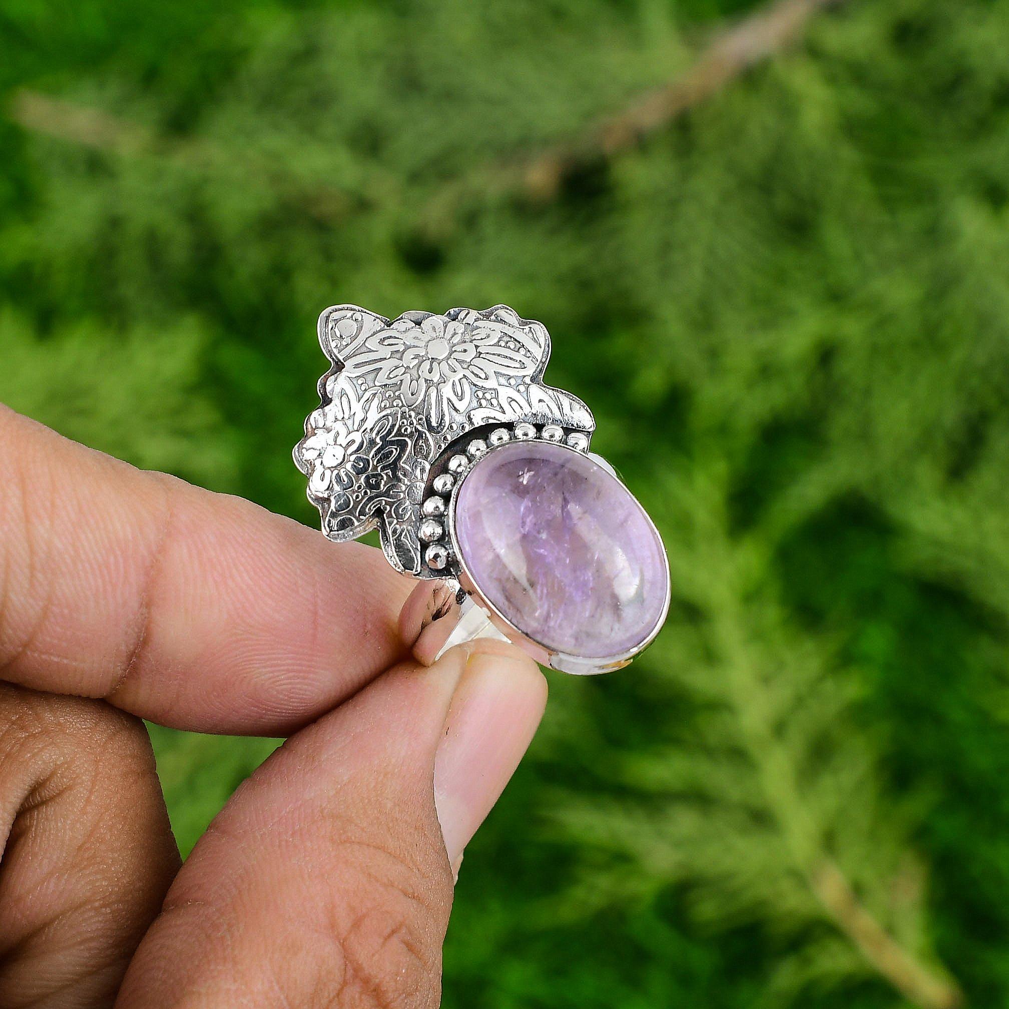 925 Sterling Silver Oval Natural African Amethyst Promise Trendy Ring Jewelry