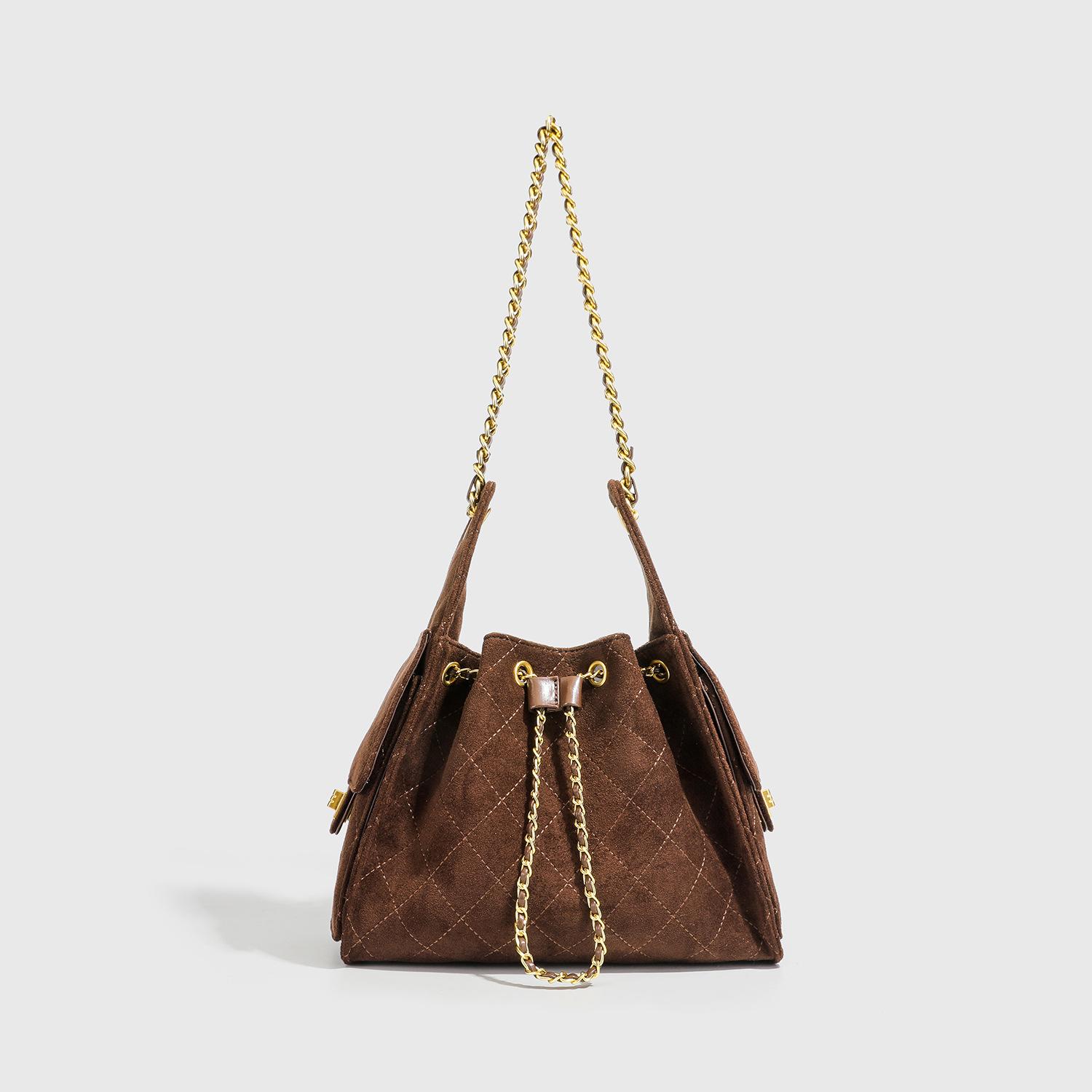 Fall Winter Women Quilted Chain Bucket Bag Trendy Style Faux Suede Handbag Fashion Shoulder Crossbody Ladies Purse