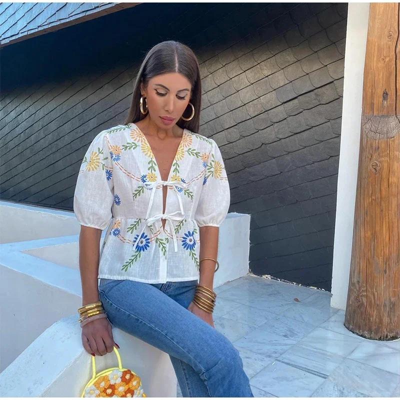 Print Puff Sleeve Shirt Women Flower Lace Up V-neck Loose Short Blouse Casual Commute Large Size Top Thin Coat Spring Summer