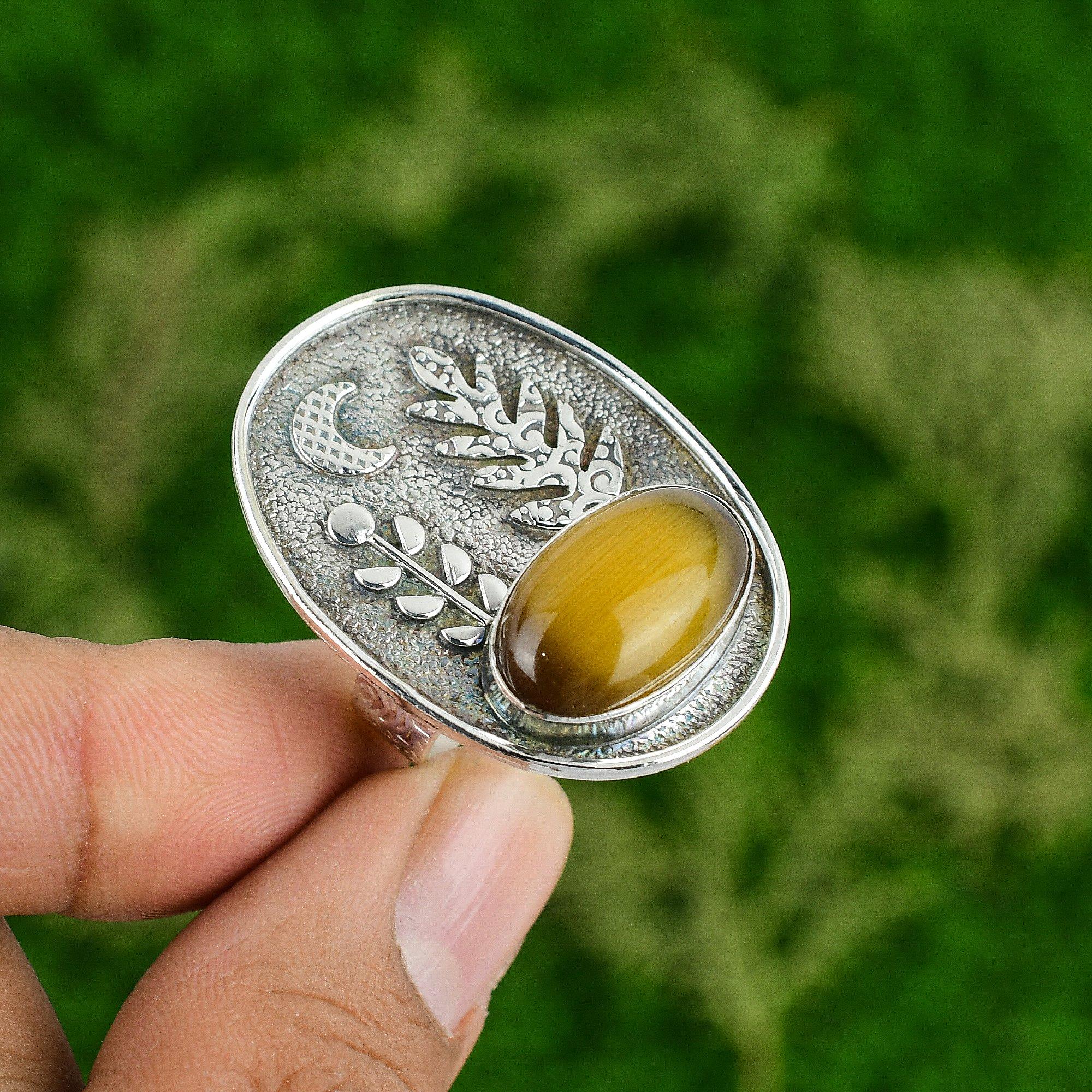 Gift For Her 925 Silver Natural Cat'S Eye Gemstone Stackable Adjustable Ring