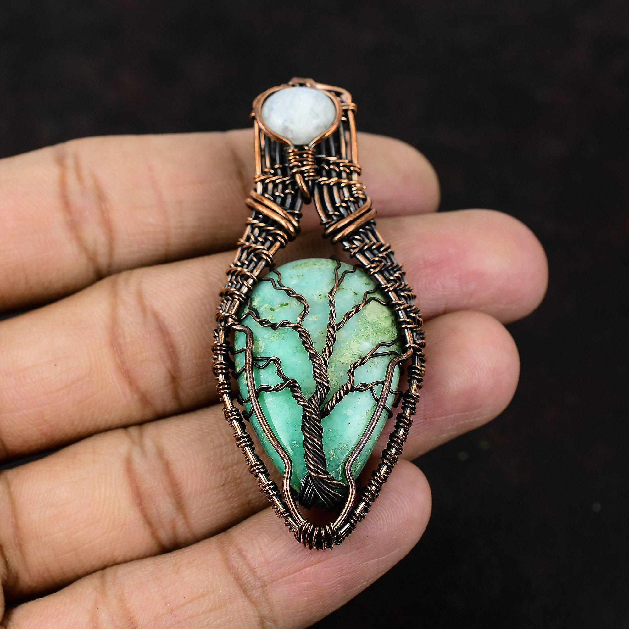 Tree Of Life Chrysoprase Copper Pendant Wire Wrapped Jewelry Gemstone Copper Jewelry Rainbow Moonstone Jewelry Gift For Her Antique Jewelry