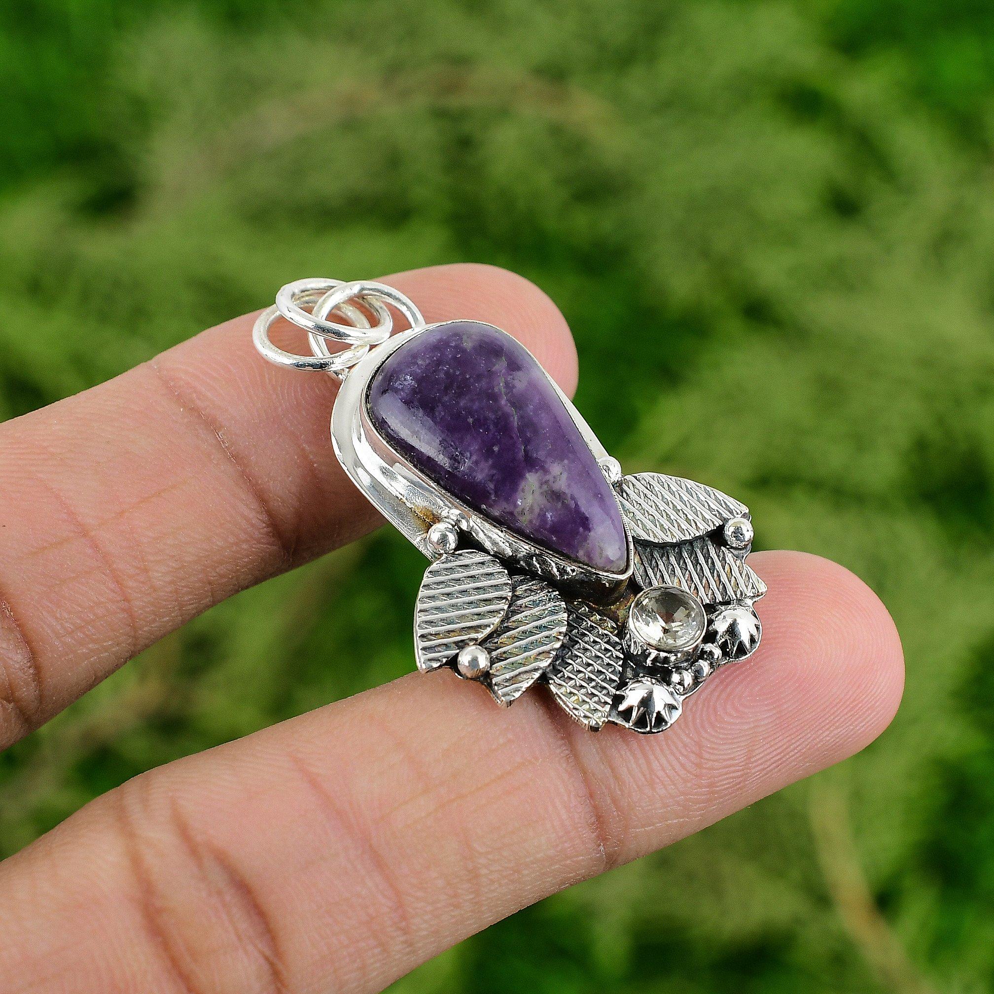 Pear Lepidolite Gemstone White Topaz 925 Sterling Silver Bezel Mother Pendant