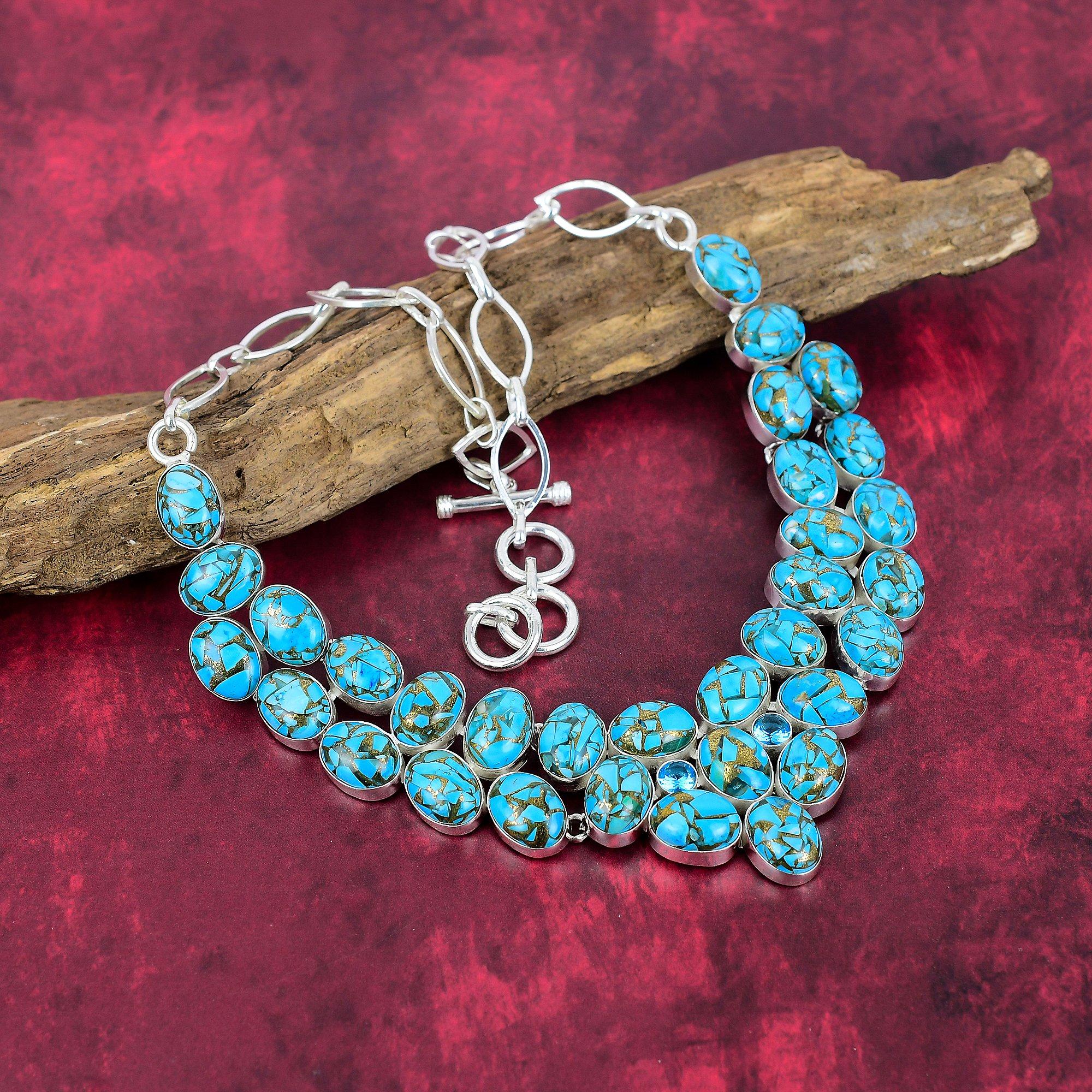 Copper Blue Turquoise Gemstone Jewelry, 925 Solid Sterling Silver Necklace, Adjustable Handmade Chain Necklace Gift For Wife Jewelry