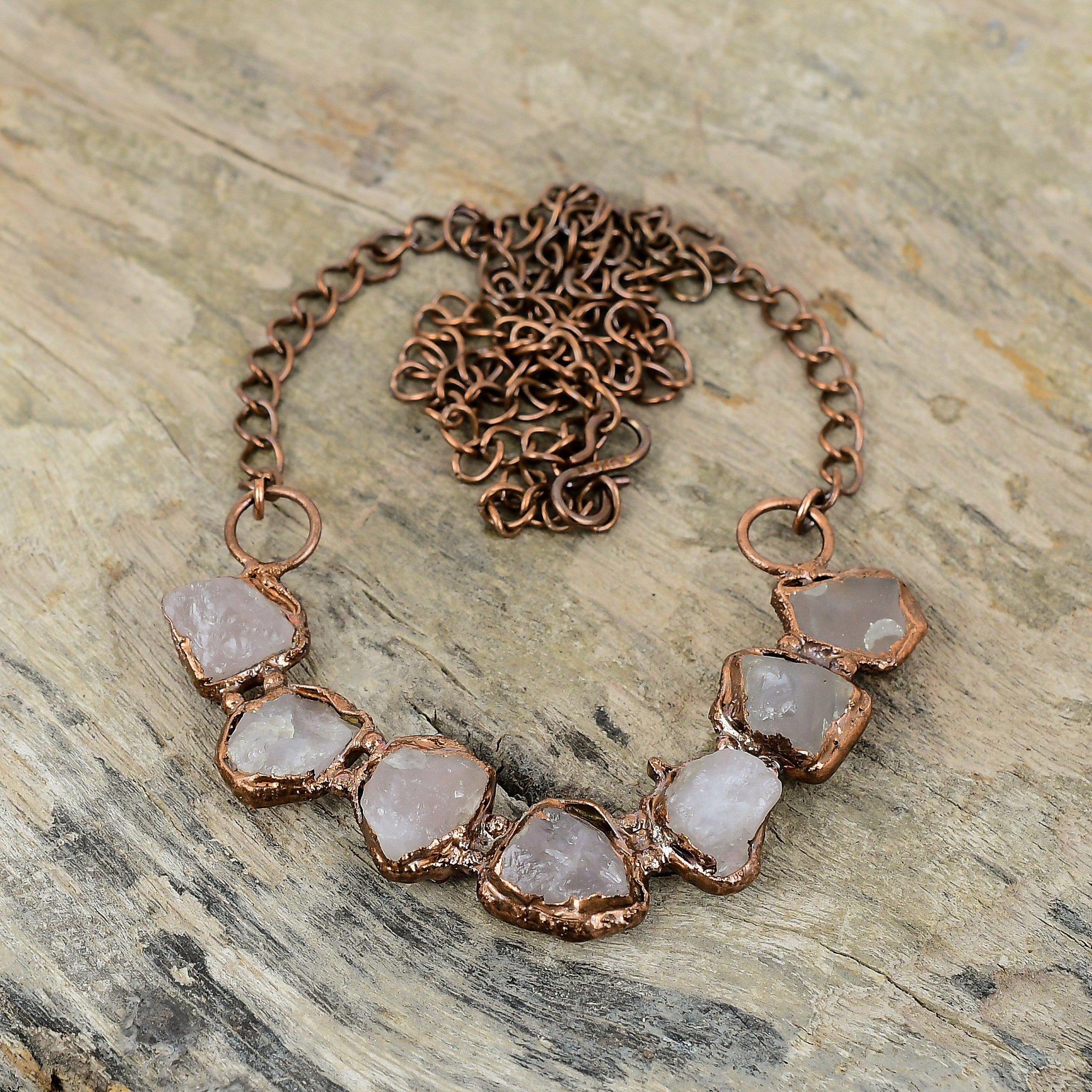Collier en quartz rose brut, collier en cuivre électroformé, collier à chaîne réglable, bijoux électroformés en pierres précieuses pour cadeau, collier fait main
