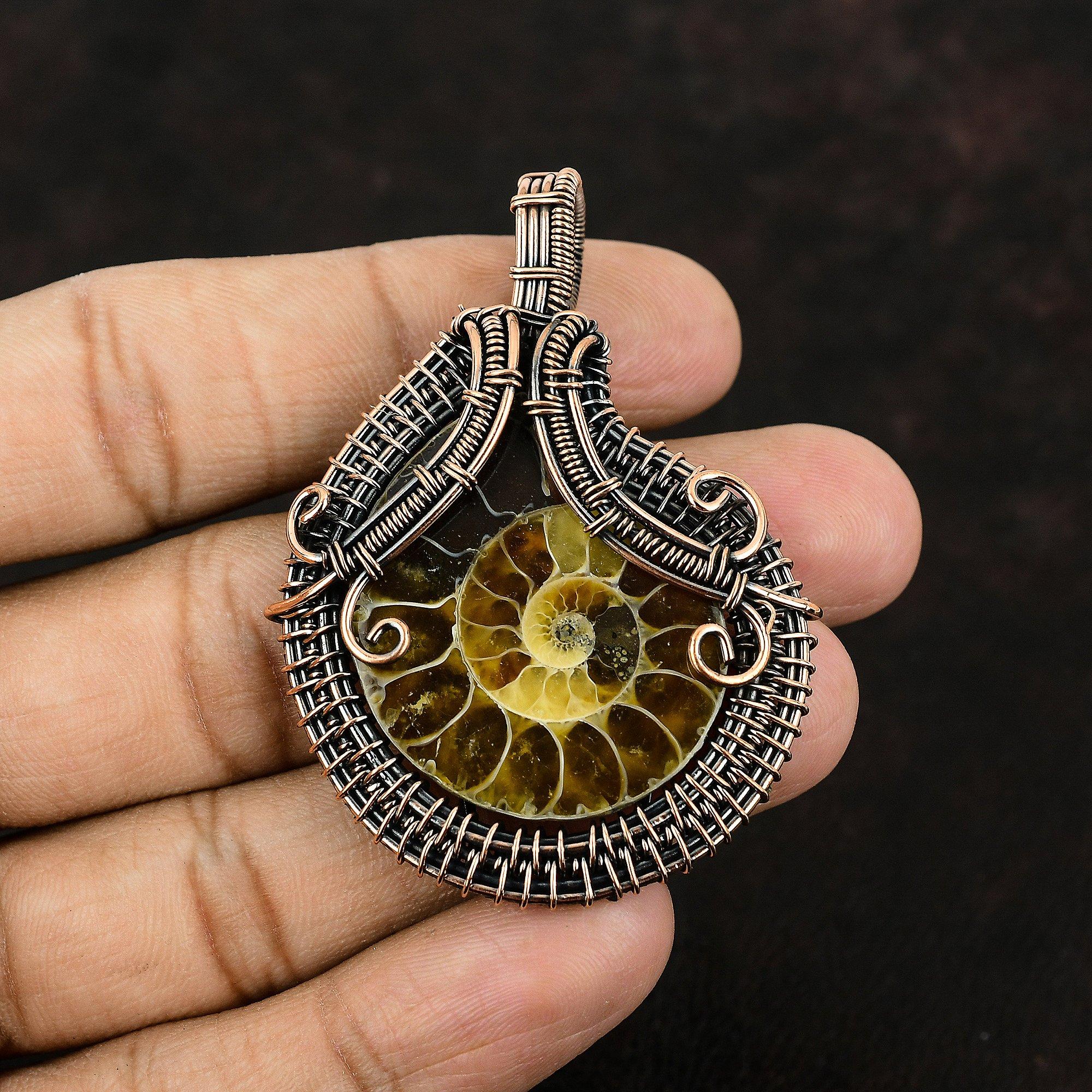 Ammonite Fossil Copper Pendant Copper Wire Wrapped Pendant Gemstone Copper Jewelry Handmade Pendant Gift For Him Ammonite Fossil Jewelry