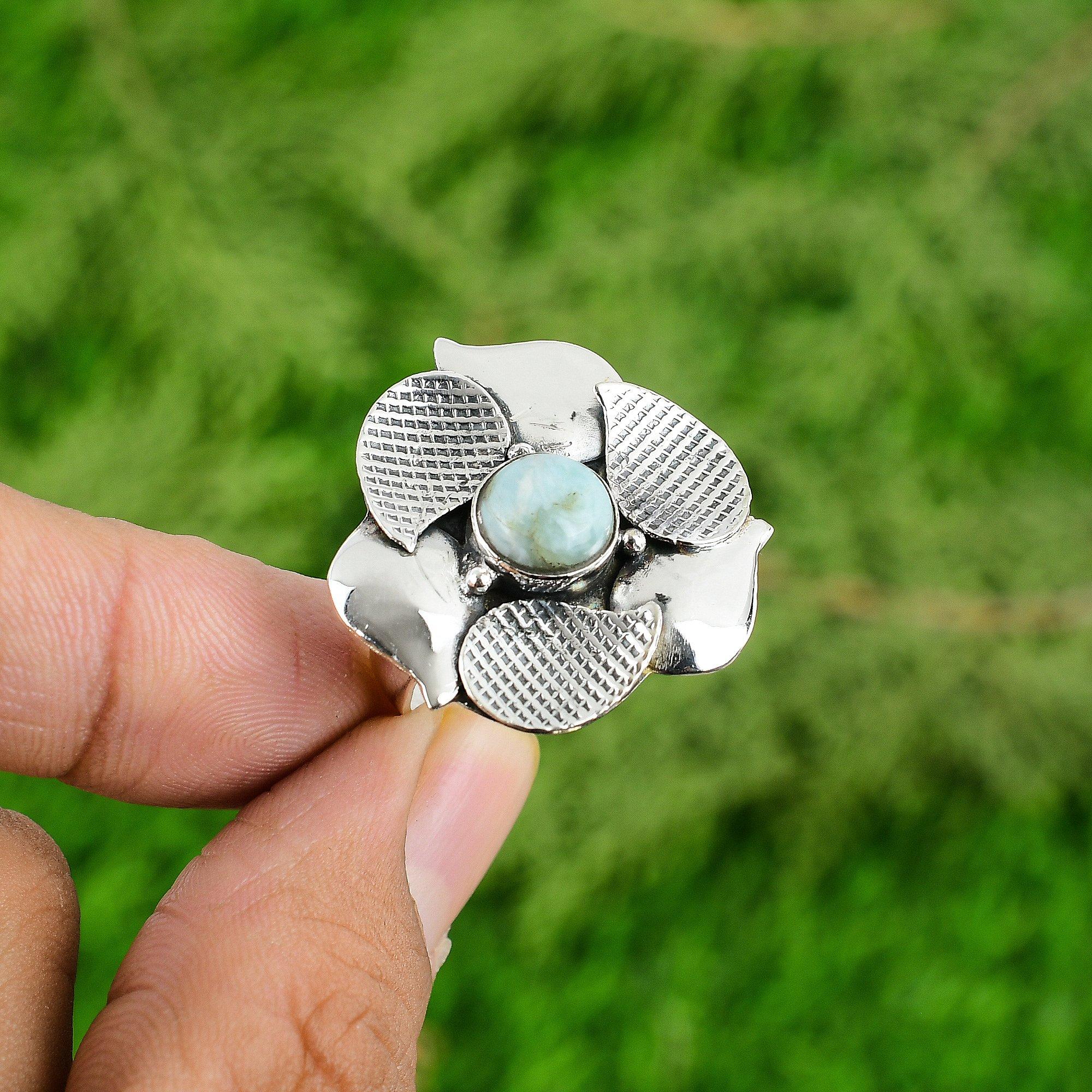 Natural Larimar Gemstone Solitaire Flower Blue Adjustable Ring 925 Silver