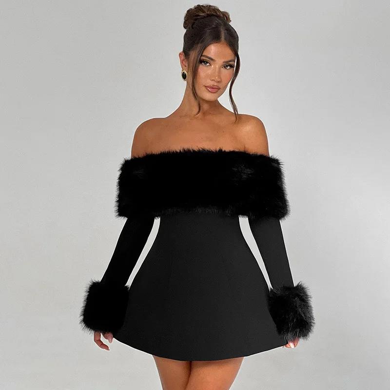 Zimné čierne bez ramienok nadýchané sexy šaty pre dámske róby elegantné večerné párty šaty bodycon mini jesenné šaty párty klub