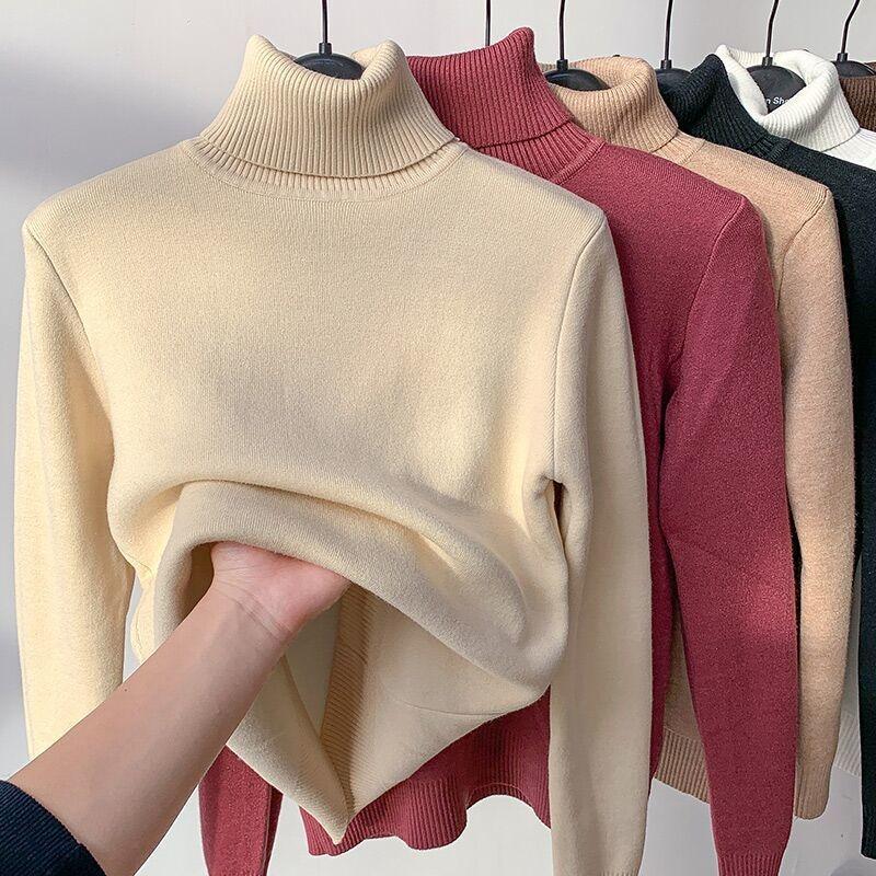1 Piece Solid Colour Turtleneck Sweater, Women's Autumn and Winter Casual Long Sleeve Sweater, Padded and Thickened Warm Top Turtleneck Bottom Shirt