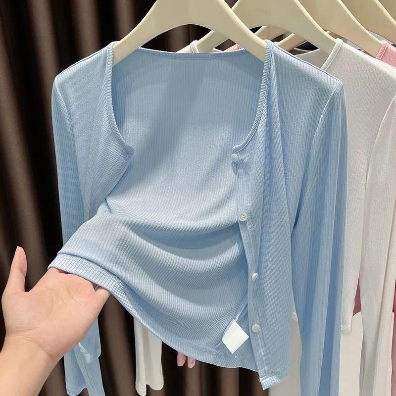 Women Grey Ribbed Thin Cardigan Shawl, Lightweight Sun Protection Air Conditioner Coat Office Summer Outerwear Cover Up