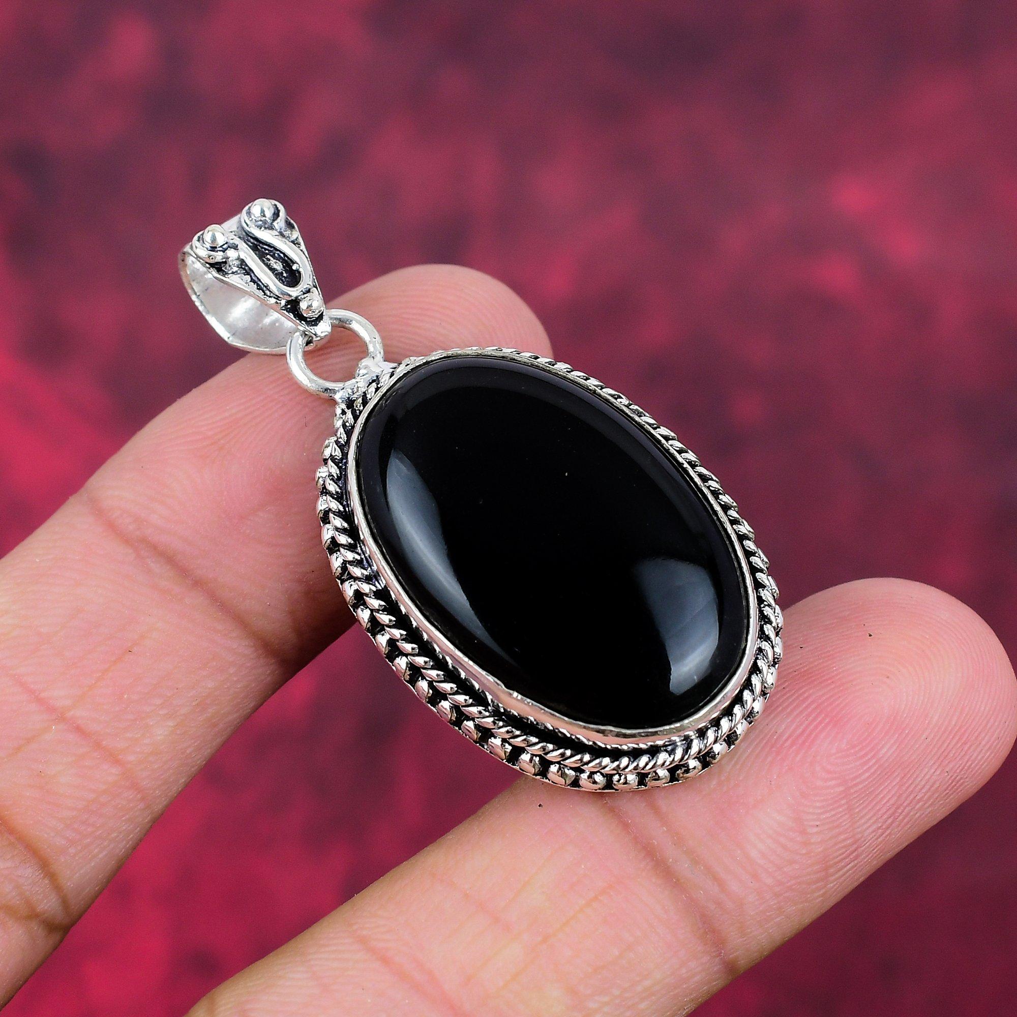 Black Onyx Handmade Gemstone Pendant, 925 Solid Sterling Silver Pendant Antique Jewelry, For Engagement Gift