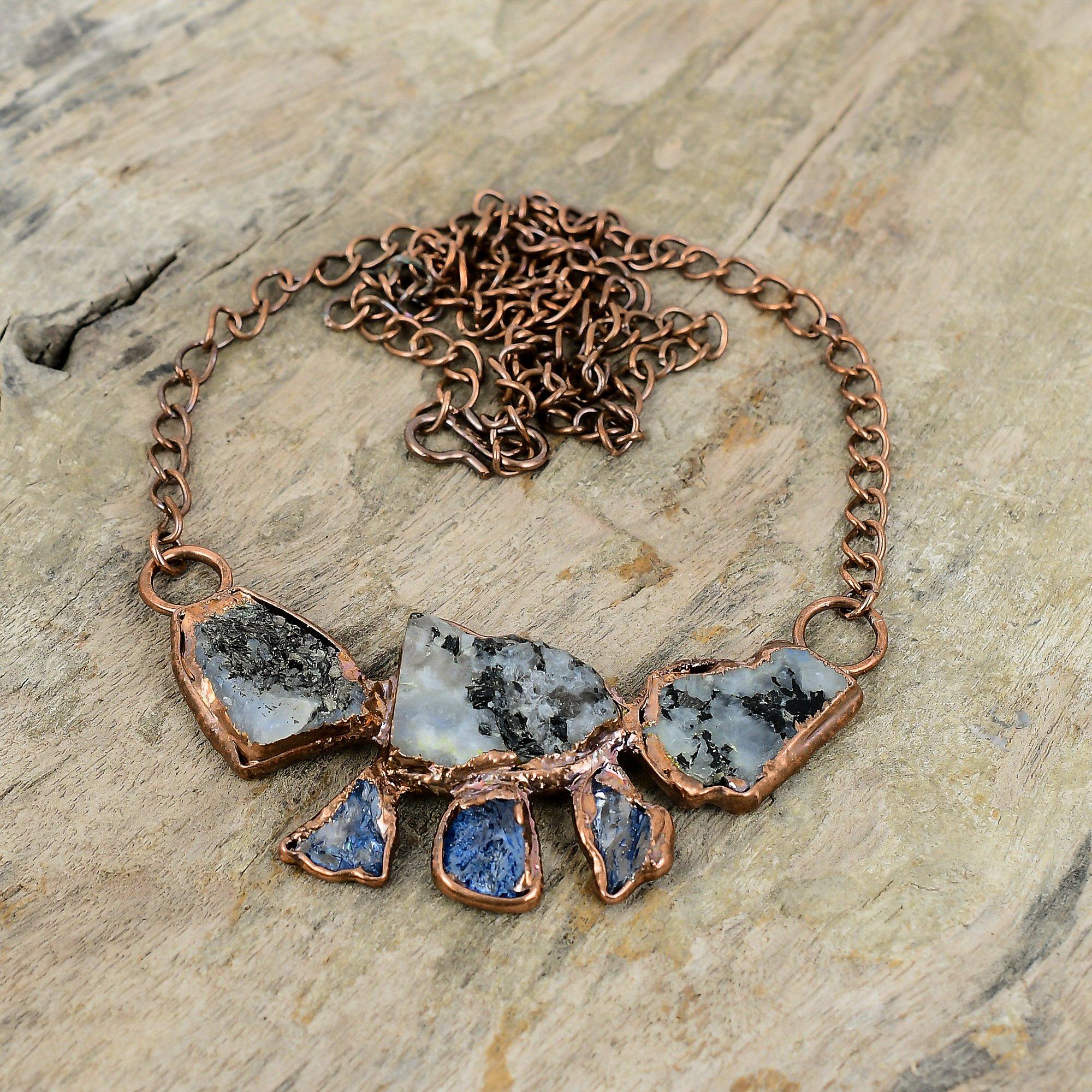 Rainbow Moonstone Rough Necklace Electroformed Copper Necklace Adjustable Chain Necklace Electroformed Jewelry Handmade Gemstone Necklaces