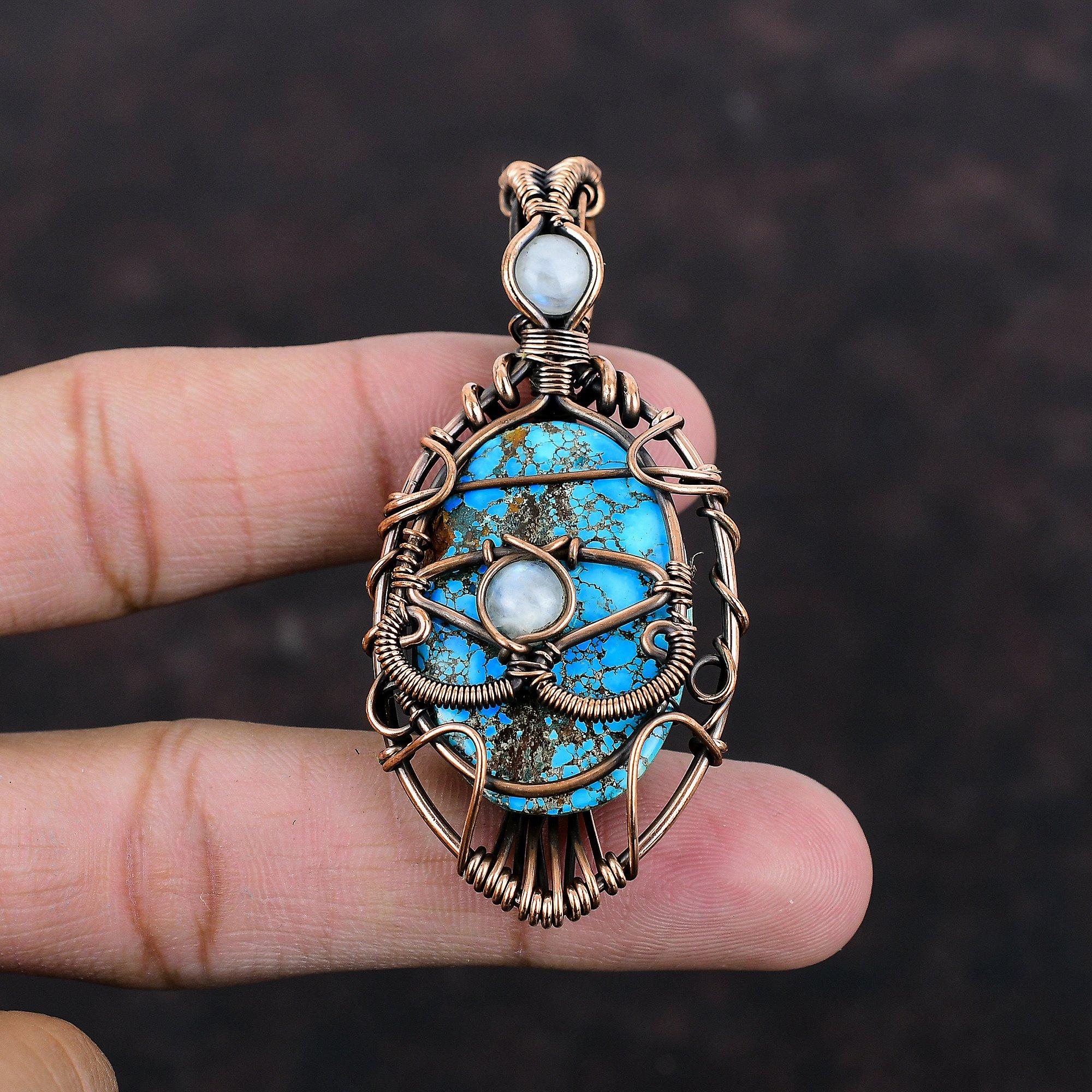 Pingente de turquesa tibetana com mau-olhado, fio de cobre enrolado, pingente de pedra da lua, joia de cobre artesanal, presente para a mãe, pingentes de pedras preciosas reais