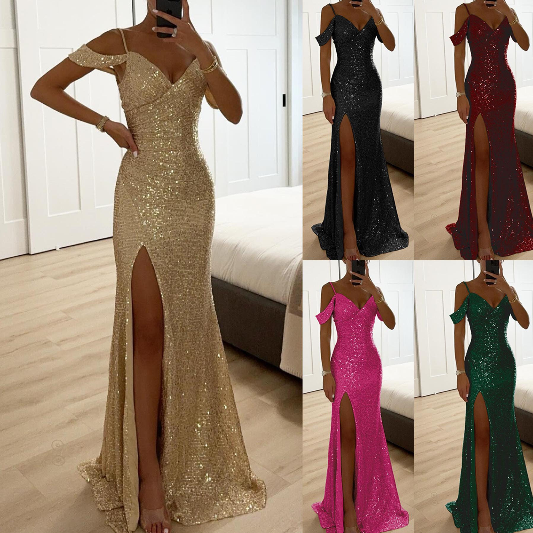 2025 New IN Style Hanging Strap Dress Sequined, Slit, Casual, Loose Fitting, V Neck, Long Gown for Parties Long Gowns with Sequins and Side Slit