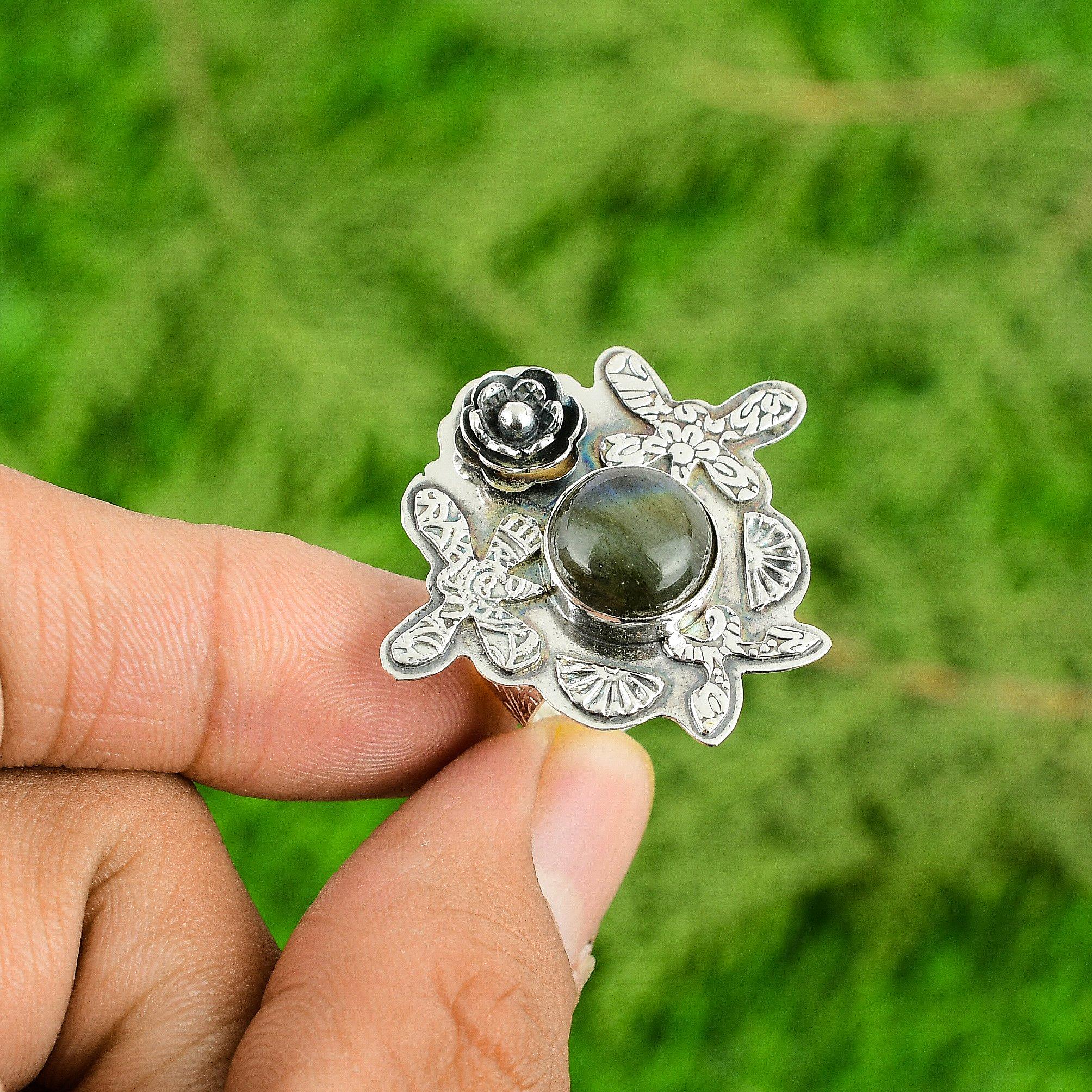 Labradorite Gemstone Birthday Flower Statement Ring Jewelry 925 Sterling Silver