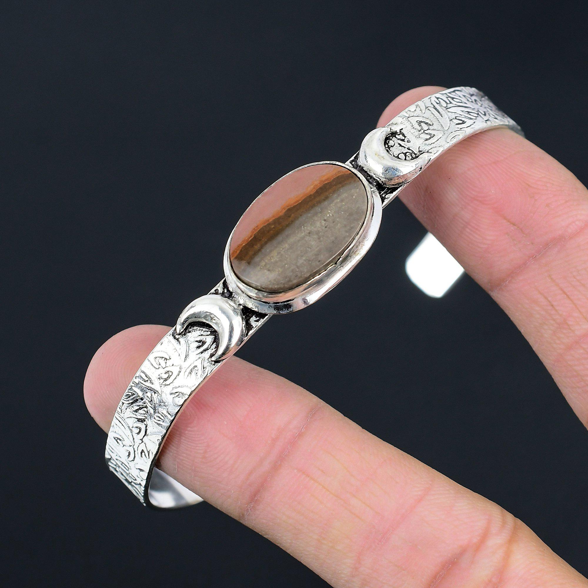 Bracelet Manchette en Jaspe Paysage Naturel Fille Croissant de Lune Argent Sterling