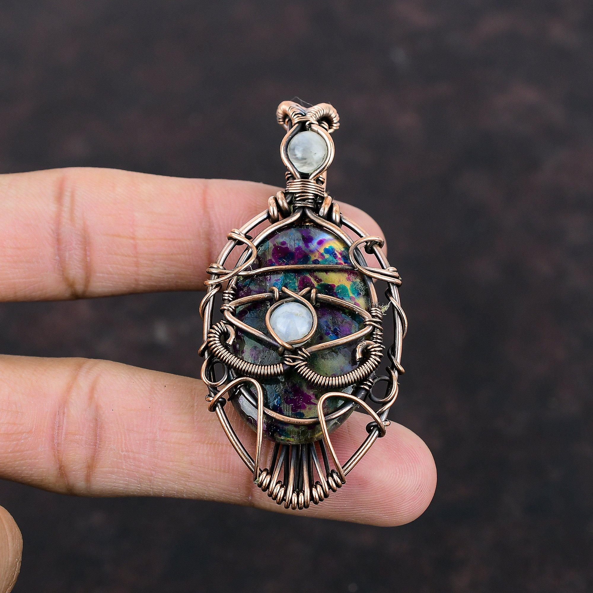 Evil Eye Multi Fire Labradorite Pendant Copper Wire Wrapped Gemstone Pendant Moonstone Pendant Copper Wire Jewelry Handmade Evil Eye Jewelry