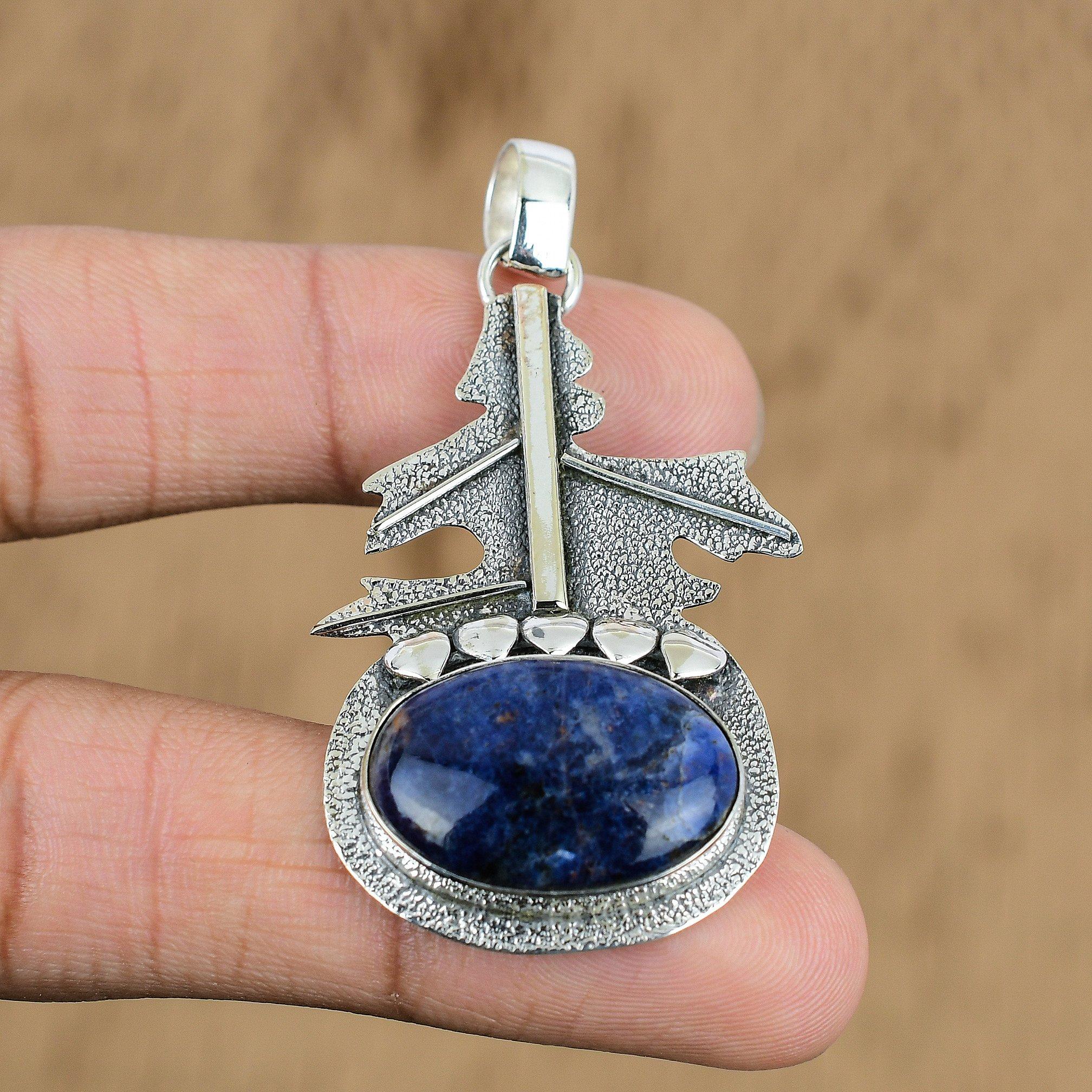 Natural Sodalite Gemstone Indian Jewelry 925 Sterling Silver Pendant For Women