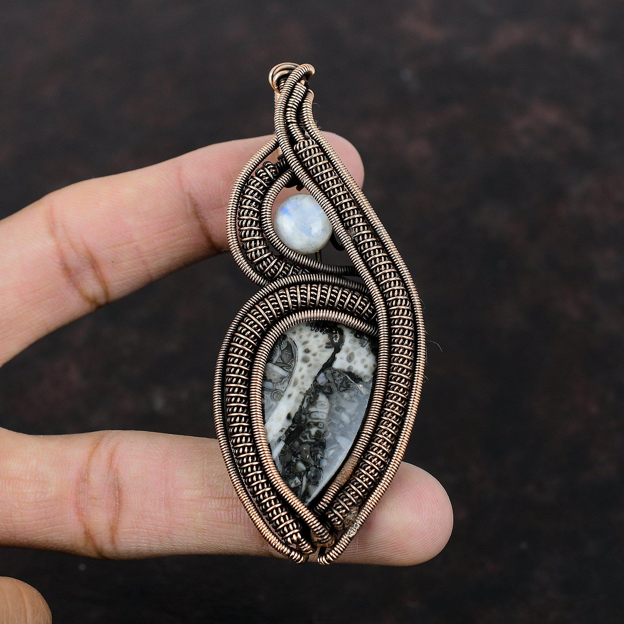 Ortho Fossil Pendant Copper Wire Wrapped Pendant Handmade Brand New Pendant Rainbow Moonstone Pendant Gemstone Pendant Wire Jewelry For Gift
