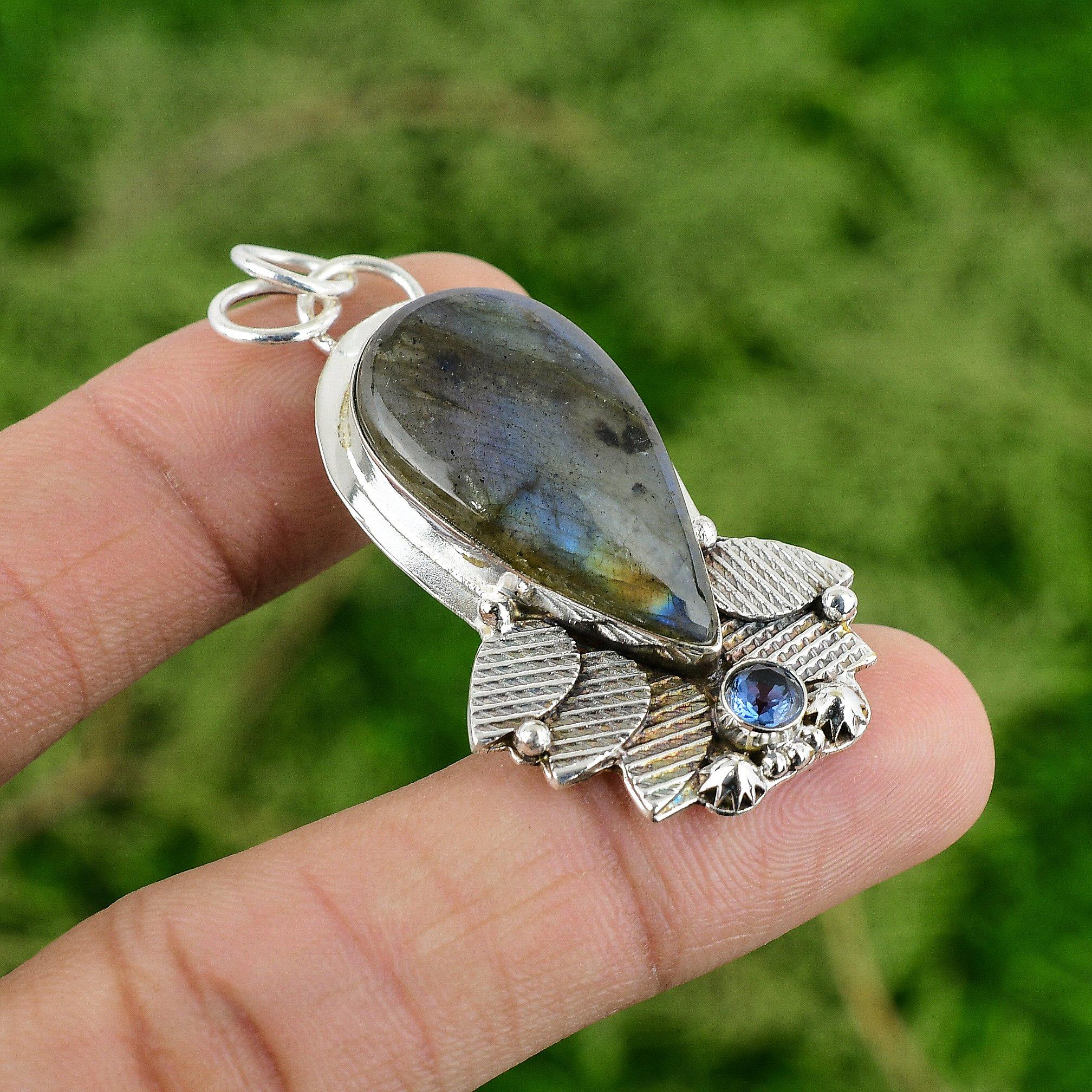 925 Silver Natural Labradorite Tanzanite Quartz Wedding Bezel Pendant Jewelry