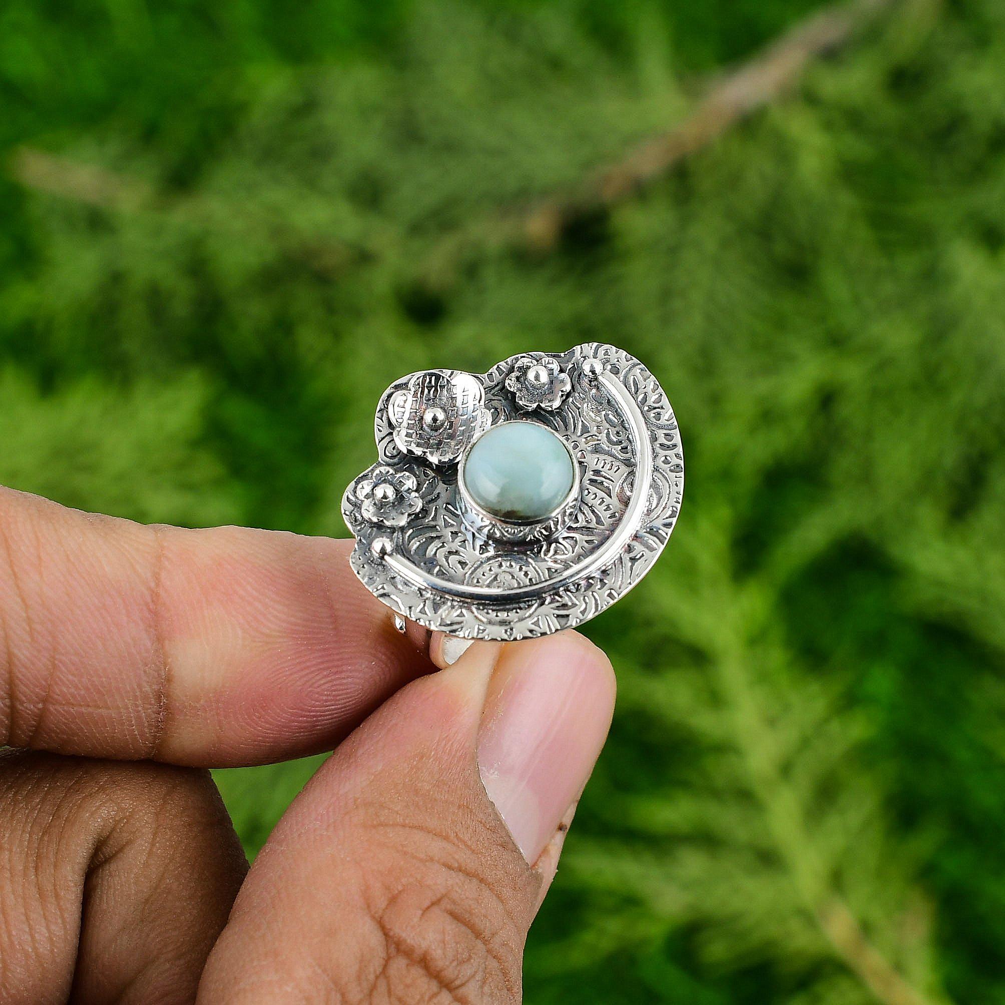Natural Larimar Gemstone Multi Stone Flower Adjustable Ring 925 Silver For Girls