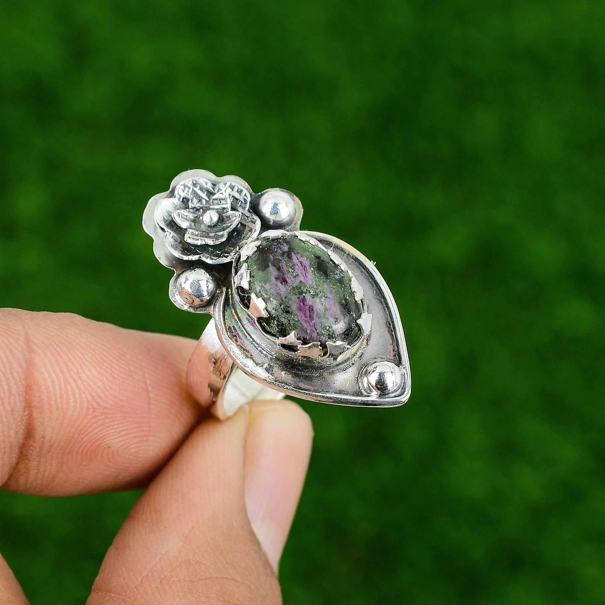Gift For Her 925 Silver Natural Ruby Zoisite Promise Flower Adjustable Ring
